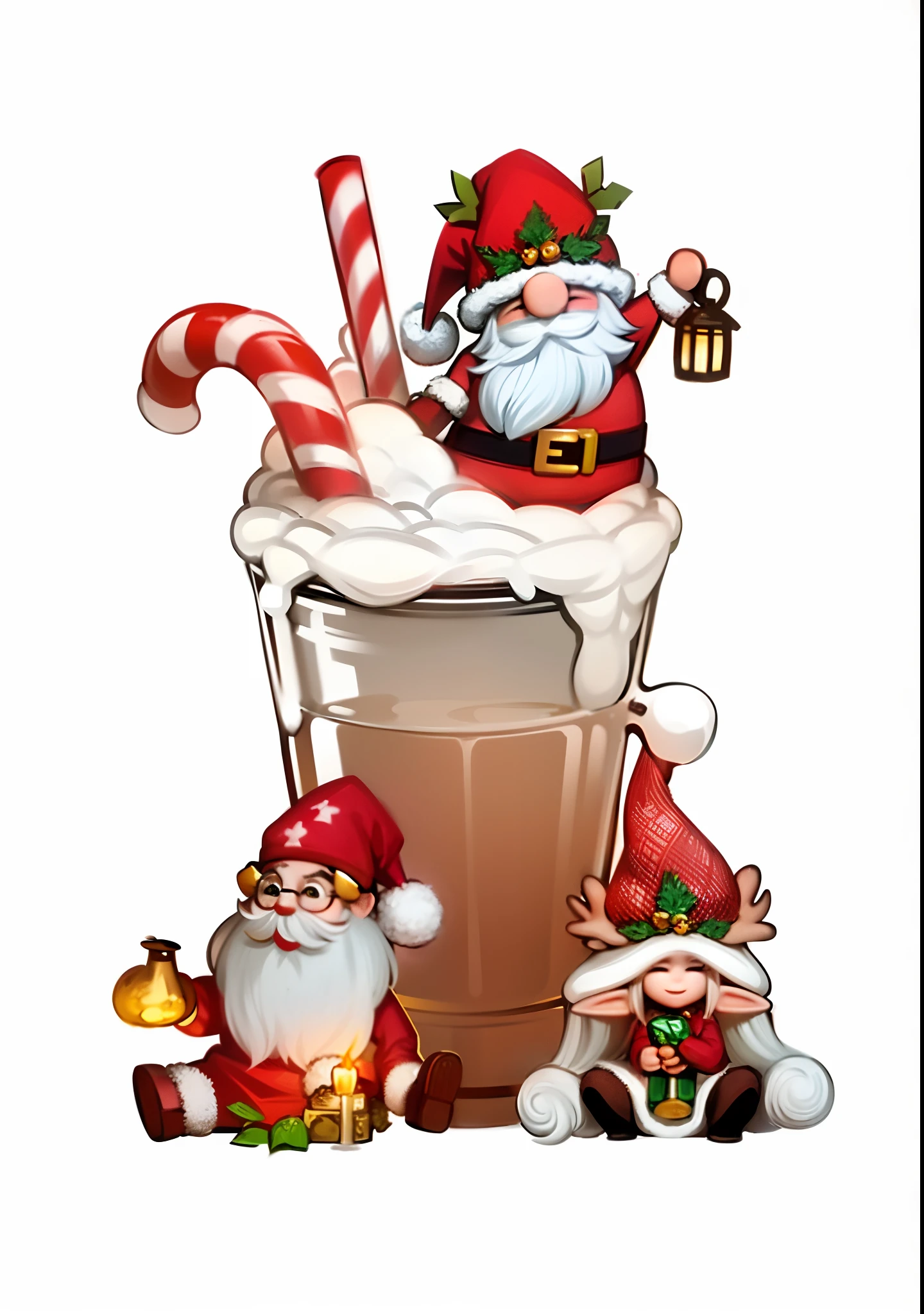 Santa Claus and his elf sit in a goblet, santa, festivity, Elves, ❤🔥🍄🌪, drink milkshakes together, added detail, 💋 💄 👠 👗, author：John Bakdev, artist unknown, unknown artist, by Puru, hot cocoa drink, personal profile picture, author：Elaine Hamilton, Awesome, santa