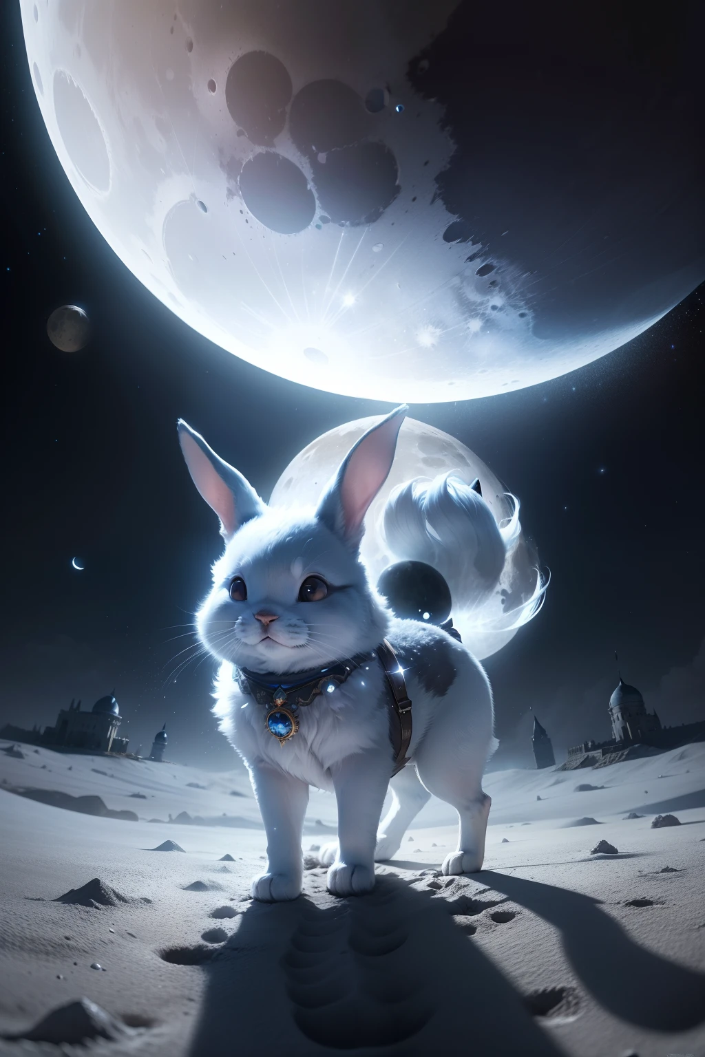 Luna explores the Moon, her footprints leaving a trail of glow on the lunar soil. She finds bouncy bunnies with silver fur and stars that seem to smile as they blink. In the center of the Moon, stands a majestic palace, with towers that touch the starry sky.