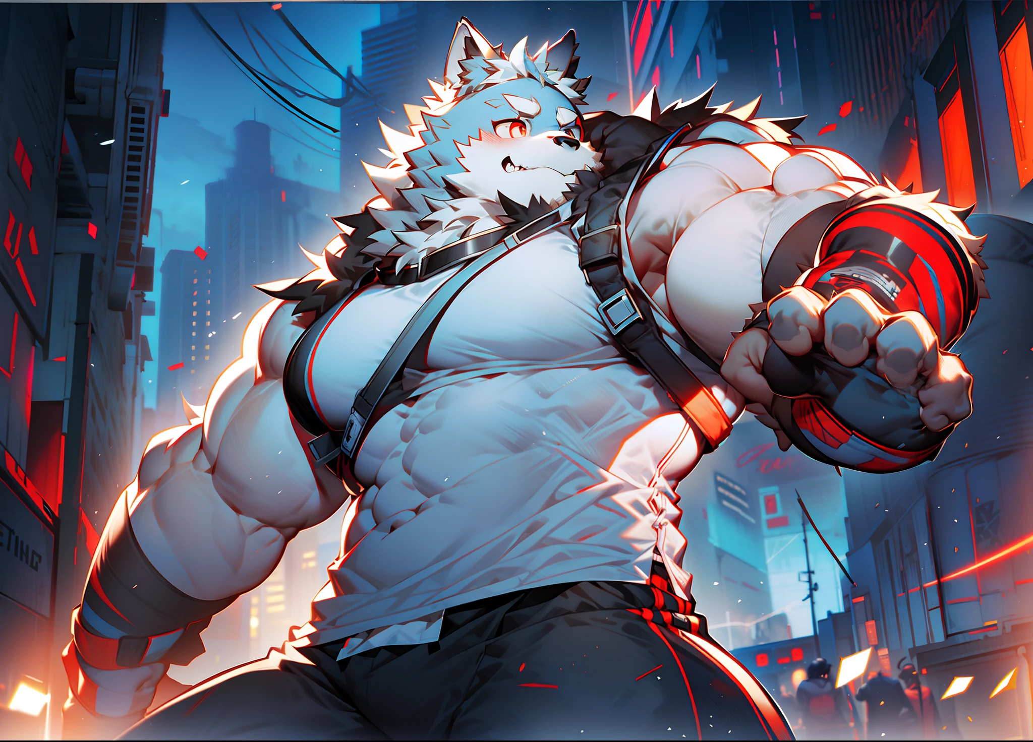 coyote，Furry，Gray hair，musculature，Muscle men，nakeness，Strong，ultraclear，Has a large ，Collar，Black  shorts，Black sclera，red pupils，Abs，The erection，Collar，Has a large ，der riese，tit，Solo，Stout arms，Storm jacket，Badge，Pronounced abs，ssmile，Urban style，hold fists,Big ，Hand Guard，mitts，Blue shoes，red striped，Handsome expression，Pronounced abs，Blood-red pupils，ultraclear