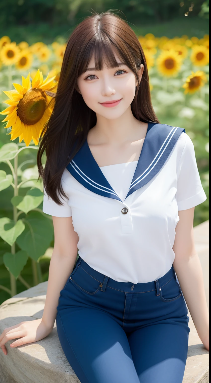A smiling girl，Wear a tight sailor suit，denim pant，sitting on a large stone，There are a lot of sunflowers around，com rosto detalhado，The eyes are delicate，The photo quality is the best，Realistic image quality，Background diffuse lighting，Depth of field display。