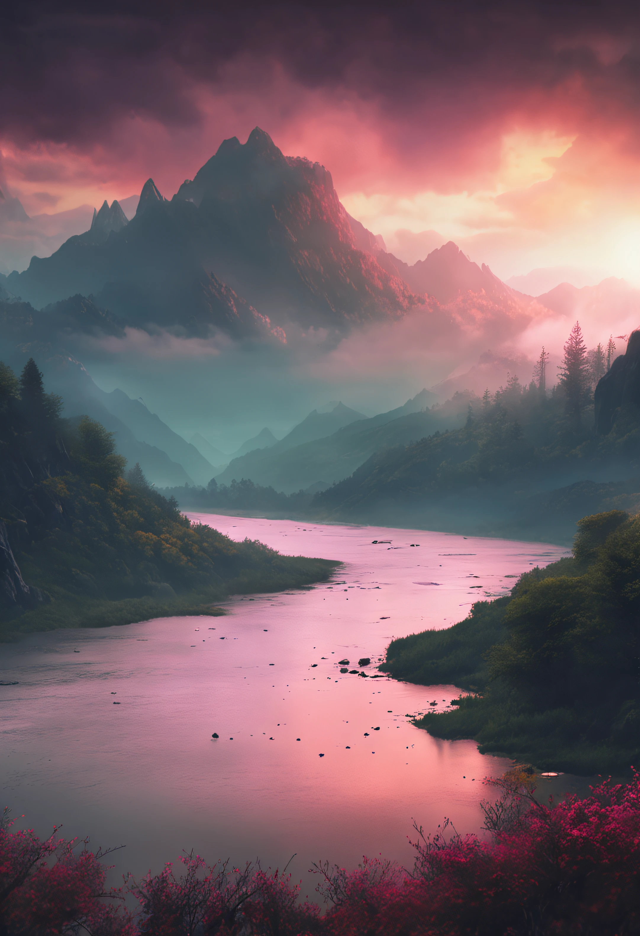 ghibli style, beautiful sky with mountains and river 4k wallpaper. Rainy and foggy atmosphere, evoking a moody and desolate future."
