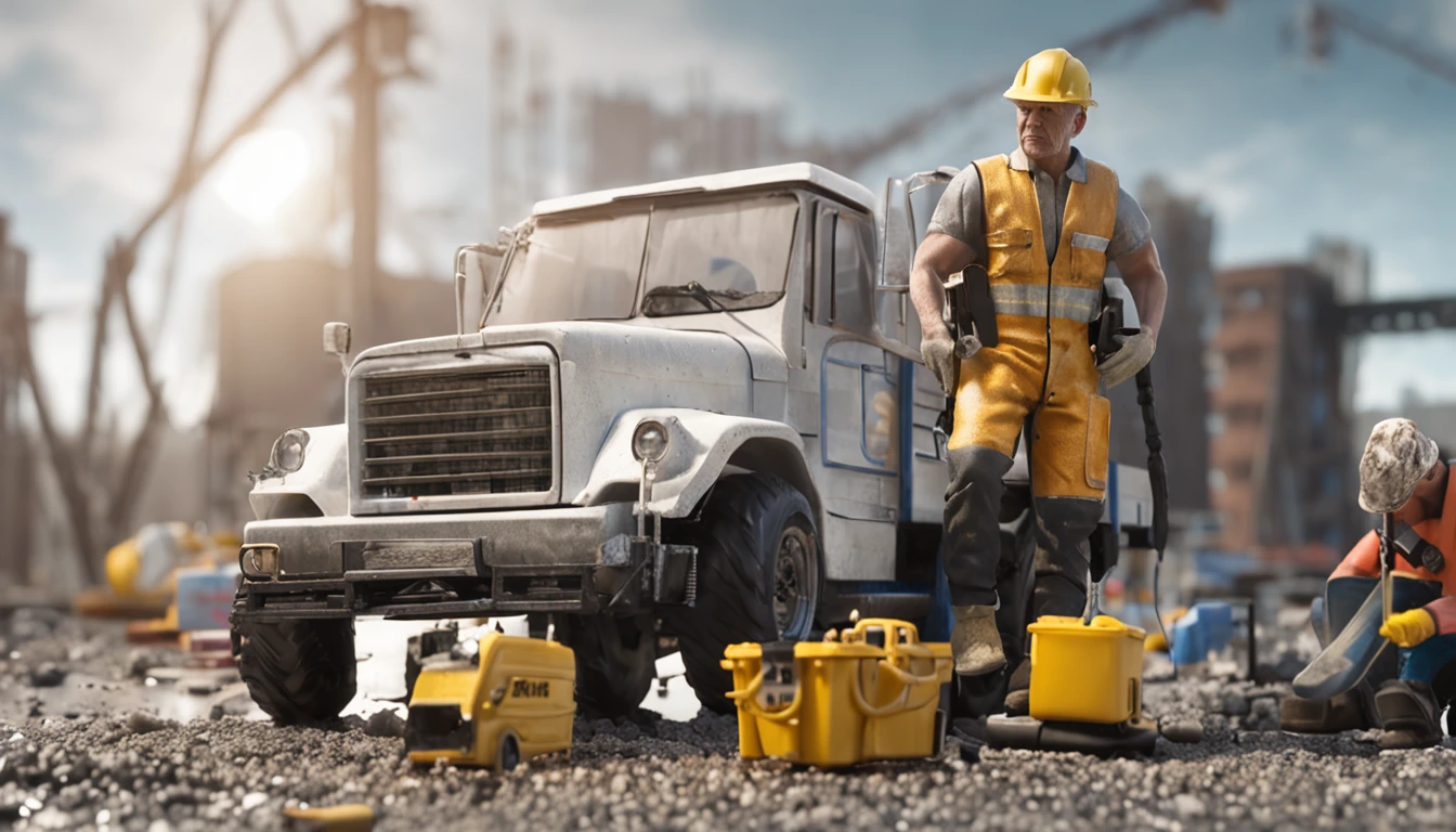 A middle-aged American man，White top，Denim cargo pants，Black rain boots，With a pressure washer，Clean yellow cement truck，夏天，Blue sky，Construction site scene，ultra-realistic image，Miniature scenes，centered composition，Elevation viewing angle，ultra-realistic image，Real-world scenarios，8K分辨率，Meticulous and minimalist environment，The is very detailed，top-quality，artsy photography，Miniature scenes，Cinematic texture