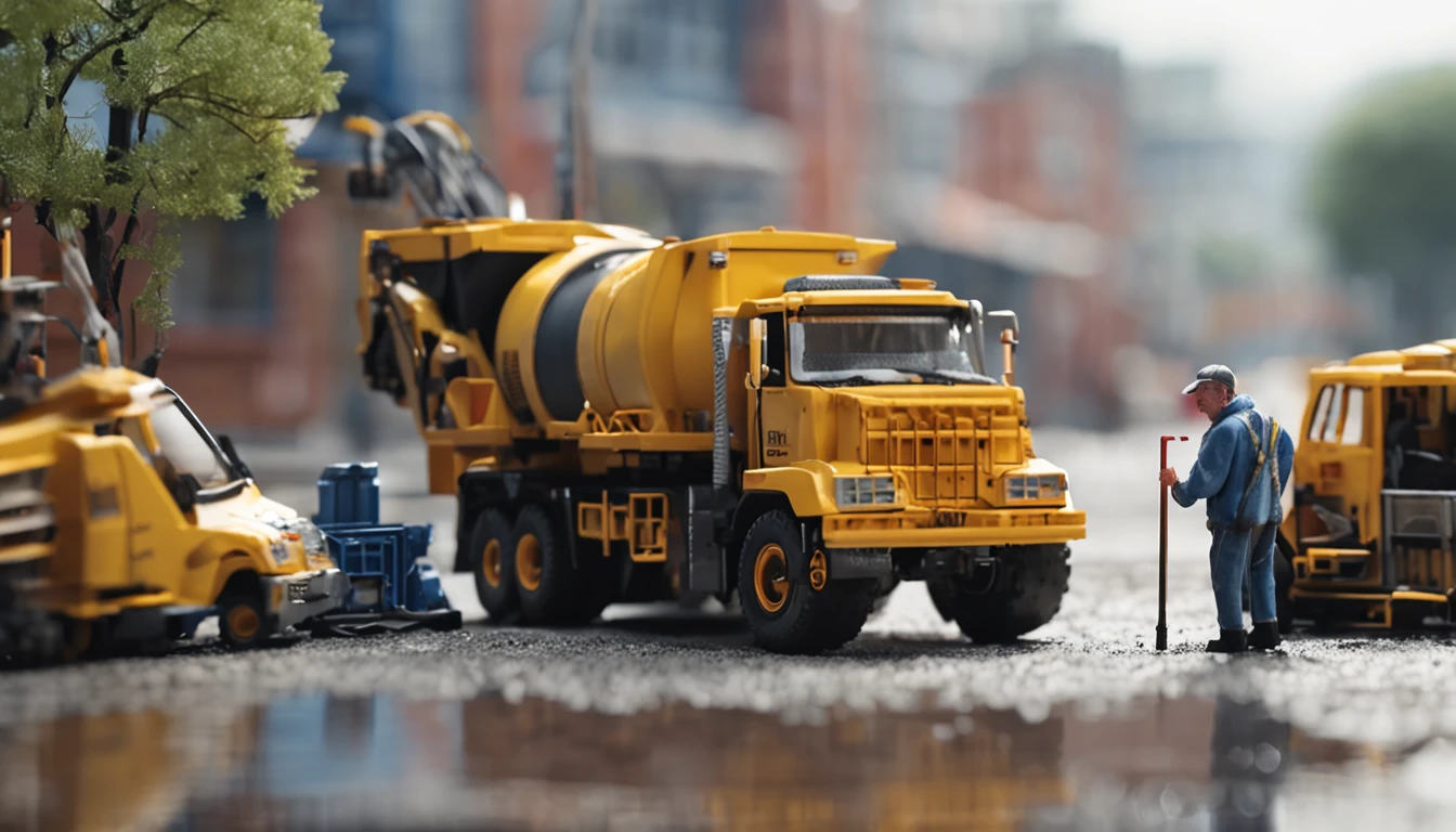 A middle-aged American man,White top,Denim cargo pants,Black rain boots,With a pressure washer,Clean yellow cement truck,夏天,Blue sky,Construction site scene,ultra-realistic image,Miniature scenes,centered composition,Elevation viewing angle,ultra-realistic image,Real-world scenarios,8K分辨率,Meticulous and minimalist environment,The is very detailed,top-quality,artsy photography,Miniature scenes,Cinematic texture