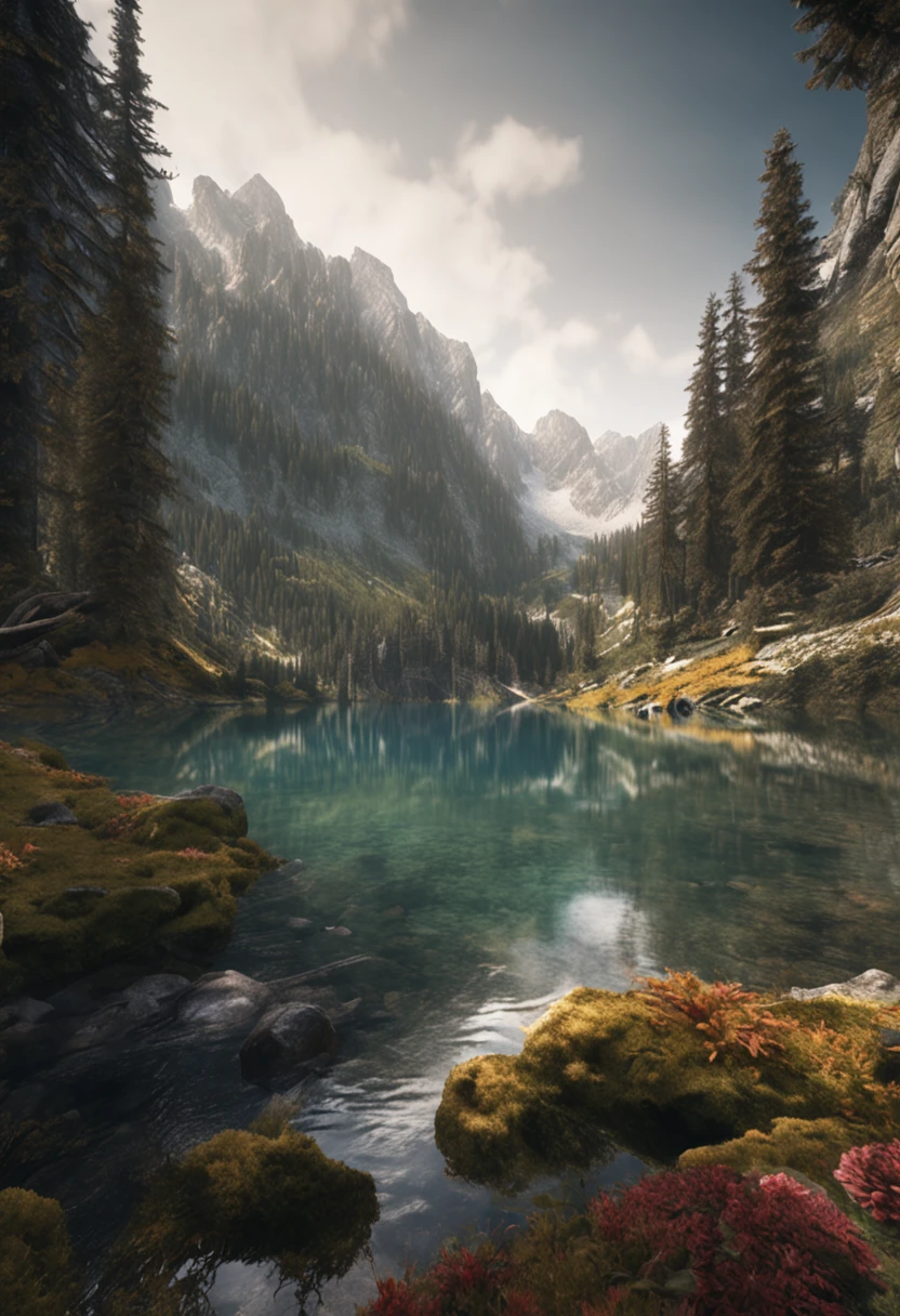 (Dark magic:1.2), (Grim:1.1) forest, springtime，alps, (Intricate details), A mirror-like lake，(ultra - detailed), 8k hdr, high detal, A lot of detail, High quality,Tyndall effect， (Colored:1.3)