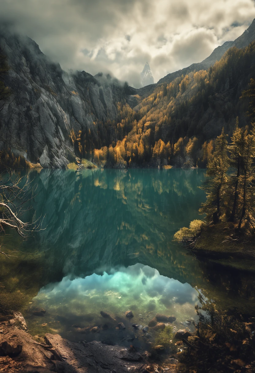 (Dark magic:1.2), (Grim:1.1) forest, springtime,alps, (Intricate details), A mirror-like lake,(ultra - detailed), 8k hdr, high detal, A lot of detail, High quality,Tyndall effect, (Colored:1.3)