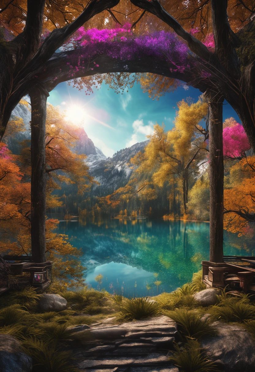 (Dark magic:1.2), (Grim:1.1) forest, springtime，alps, (Intricate details), A mirror-like lake，(ultra - detailed), 8k hdr, high detal, A lot of detail, High quality,Tyndall effect， (Colored:1.3)