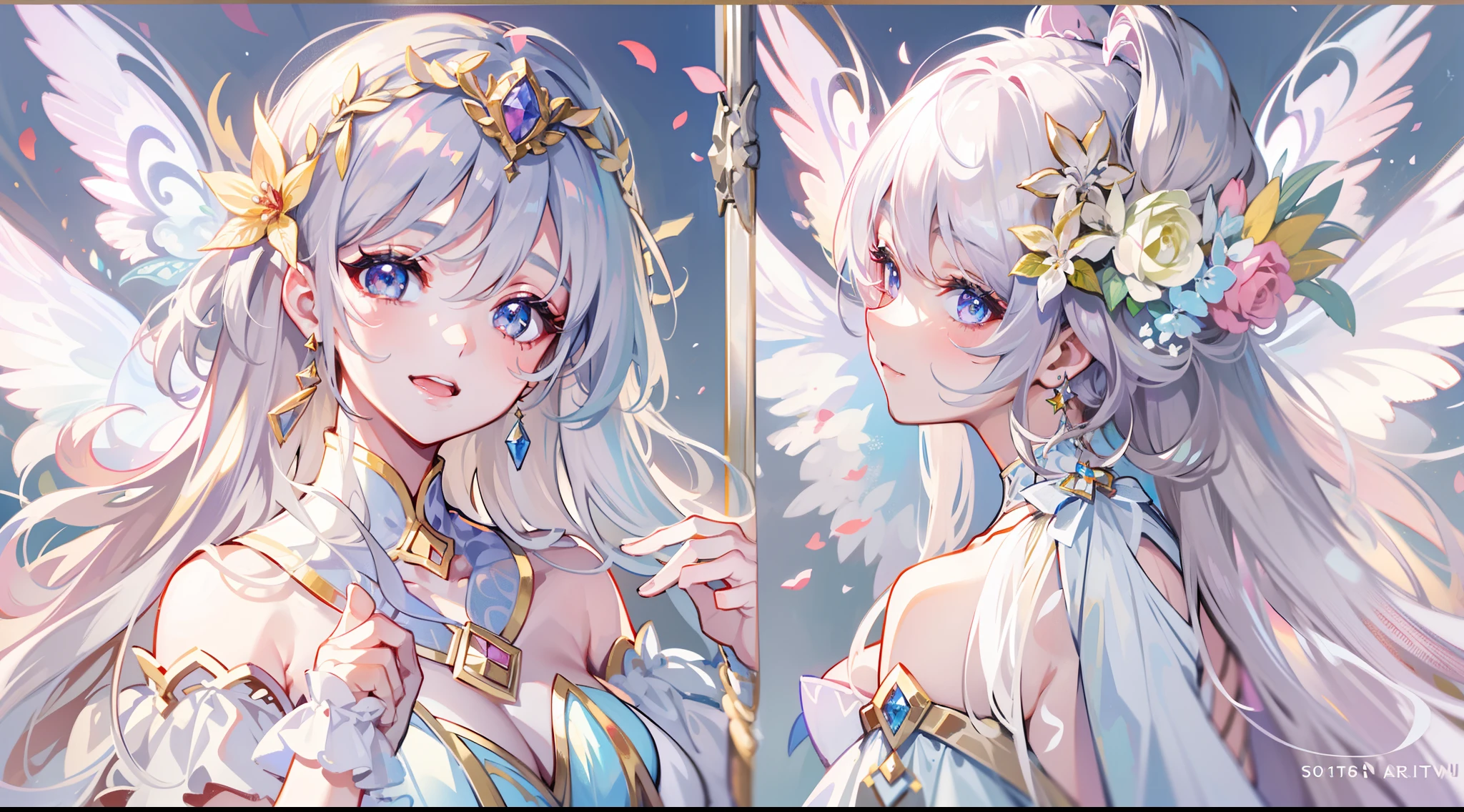 Flower fairy, Transparent colorful wings, Magic wand,A high resolution, 8K, anime woman, Delicate and meticulous text 、detailed digital illustration、aristocratic clothes、Very long hair and shine、A very beautiful woman、The eyes are twofold, Big and cute,、The bust is a D cup、High image quality, High quality、Detailed background、I wear hair accessories.、shimmering background、The inside of the eye sparkles like a diamond、4 fingers, 1 thumb、detailed feminine face、Smile、Very nice and lovely woman、Silver hair、Very luxurious hair accessories、A smile