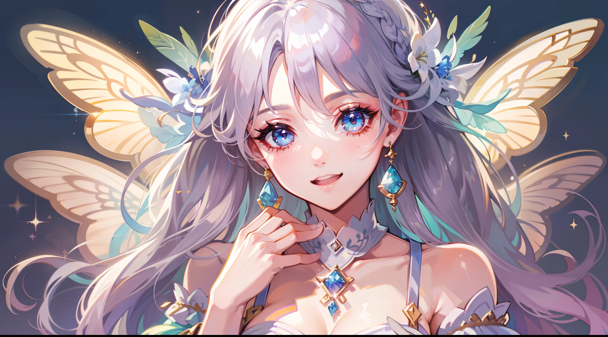 Flower fairy, Transparent colorful wings, Magic wand，A high resolution, 8K, anime woman, Delicate and meticulous text 、detailed digital illustration、aristocratic clothes、Very long hair and shine、A very beautiful woman、The eyes are twofold, Big and cute,、The bust is a D cup、High image quality, High quality、Detailed background、I wear hair accessories.、shimmering background、The inside of the eye sparkles like a diamond、4 fingers, 1 thumb、detailed feminine face、Smile、Very nice and lovely woman、Silver hair、Very luxurious hair accessories、A smile