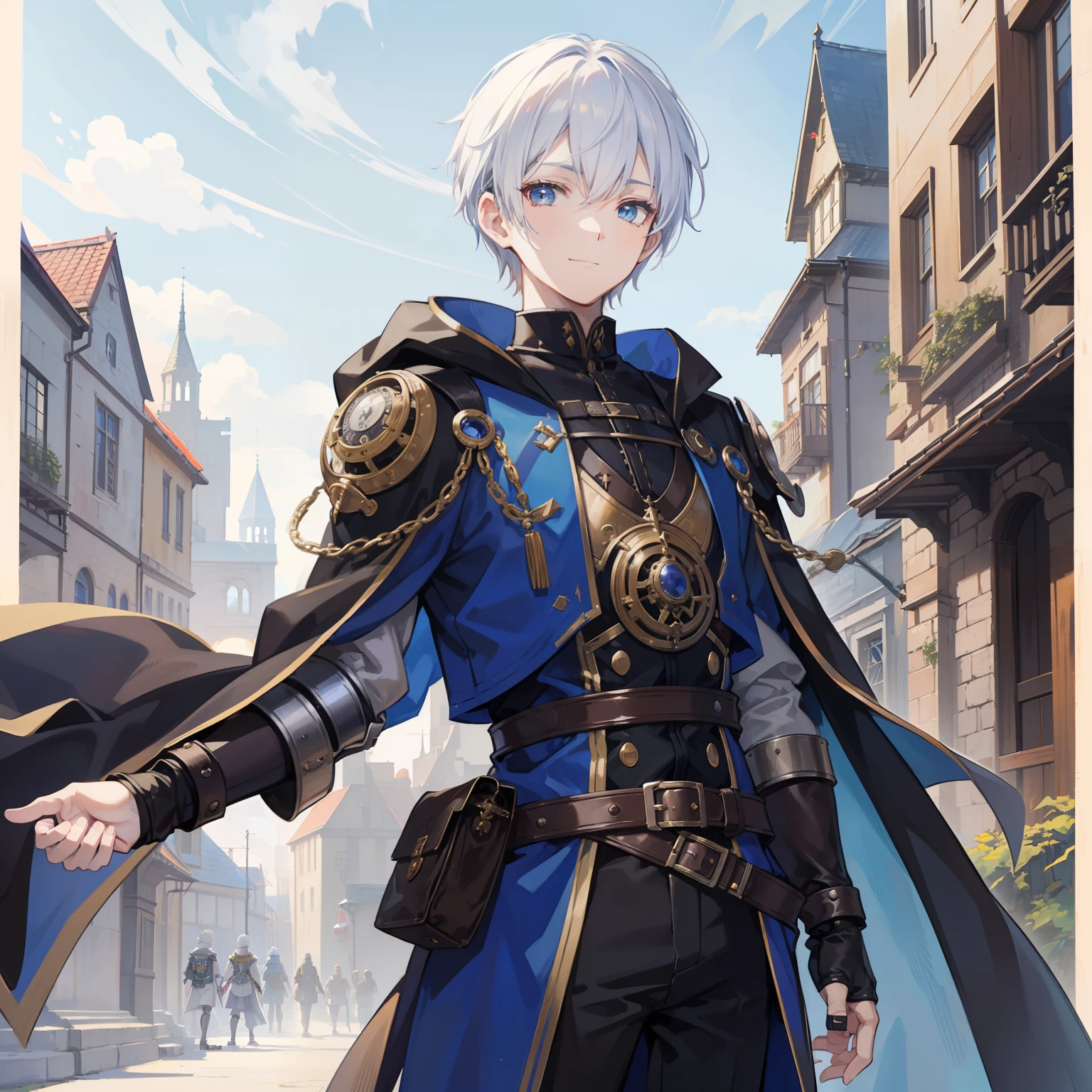 A young man with short white hair emo style he is kind with an innocent smile with steampunk robes technomage style he is in a medieval city a medieval city on a beautiful blue sky day he is a medieval rpg character an art for rpg a medieval art for rpg art using technological clothes steampunk costume steampunk style
