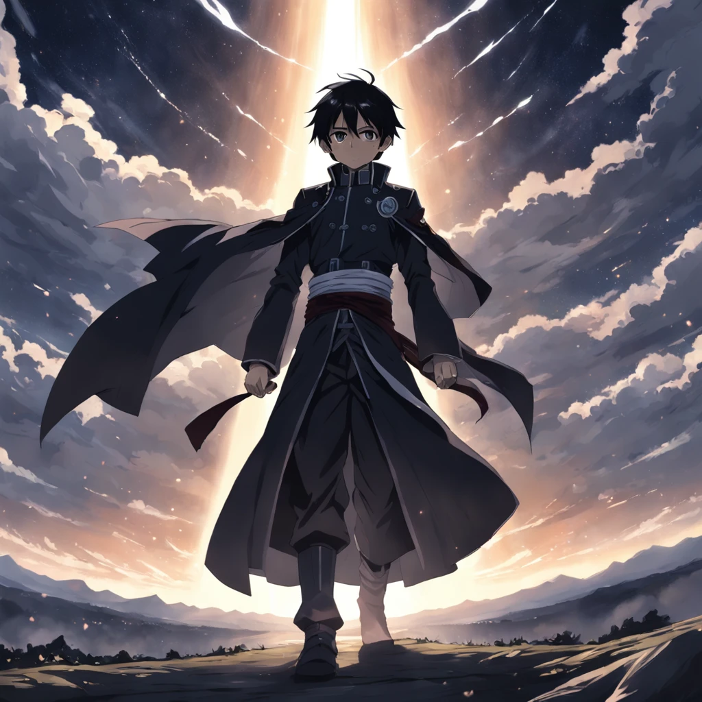 Kirito gazes at the sky, witnessing shadow creatures soaring amidst the heavens. He stands diminutive in the lower right corner, while serpentine forms dominate the epic manga scene. Illustrated with meticulous detail, the dark palette accentuates the grandeur of the celestial struggle. Kirito's expression portrays awe and determination. Soft ethereal light bathes the scene, casting an atmosphere of both wonder and impending conflict. --v 5 --stylize 1000