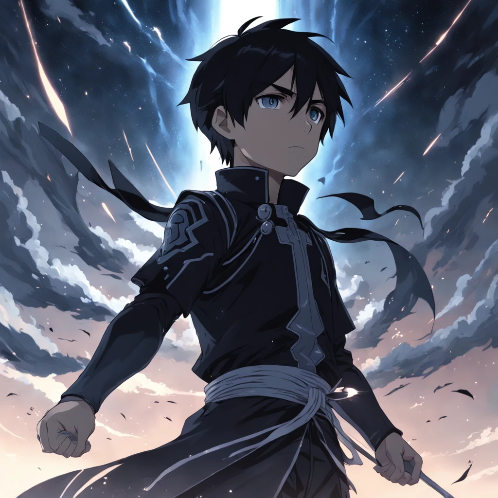 Kirito gazes at the sky, witnessing shadow creatures soaring amidst the heavens. He stands diminutive in the lower right corner, while serpentine forms dominate the epic manga scene. Illustrated with meticulous detail, the dark palette accentuates the grandeur of the celestial struggle. Kirito's expression portrays awe and determination. Soft ethereal light bathes the scene, casting an atmosphere of both wonder and impending conflict. --v 5 --stylize 1000