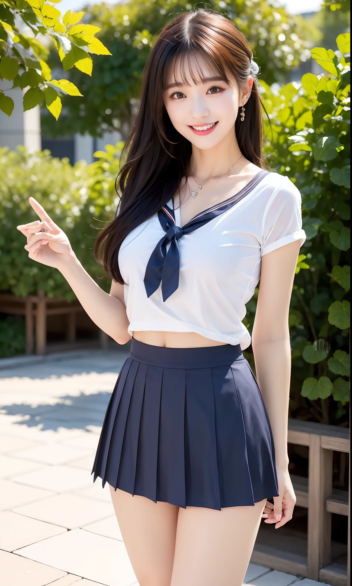 (ultra best quality、8K、​masterpiece:1.3)、Beautiful Women in Perfect Figure:1.4、Plain white background、No background、(The whole body is displayed on the screen）、（Whole body)、Black hair、(japanese sailor suits)、hi-school girl、kawaii、extremely detailed face and skin、Detailed eye、二重まぶた、Skinny Legs、The best smile、a miniskirt、１The human、Hold the index finger of your left hand outward、Navy blue pleated skirt、No shadows、Extraordinary beauty