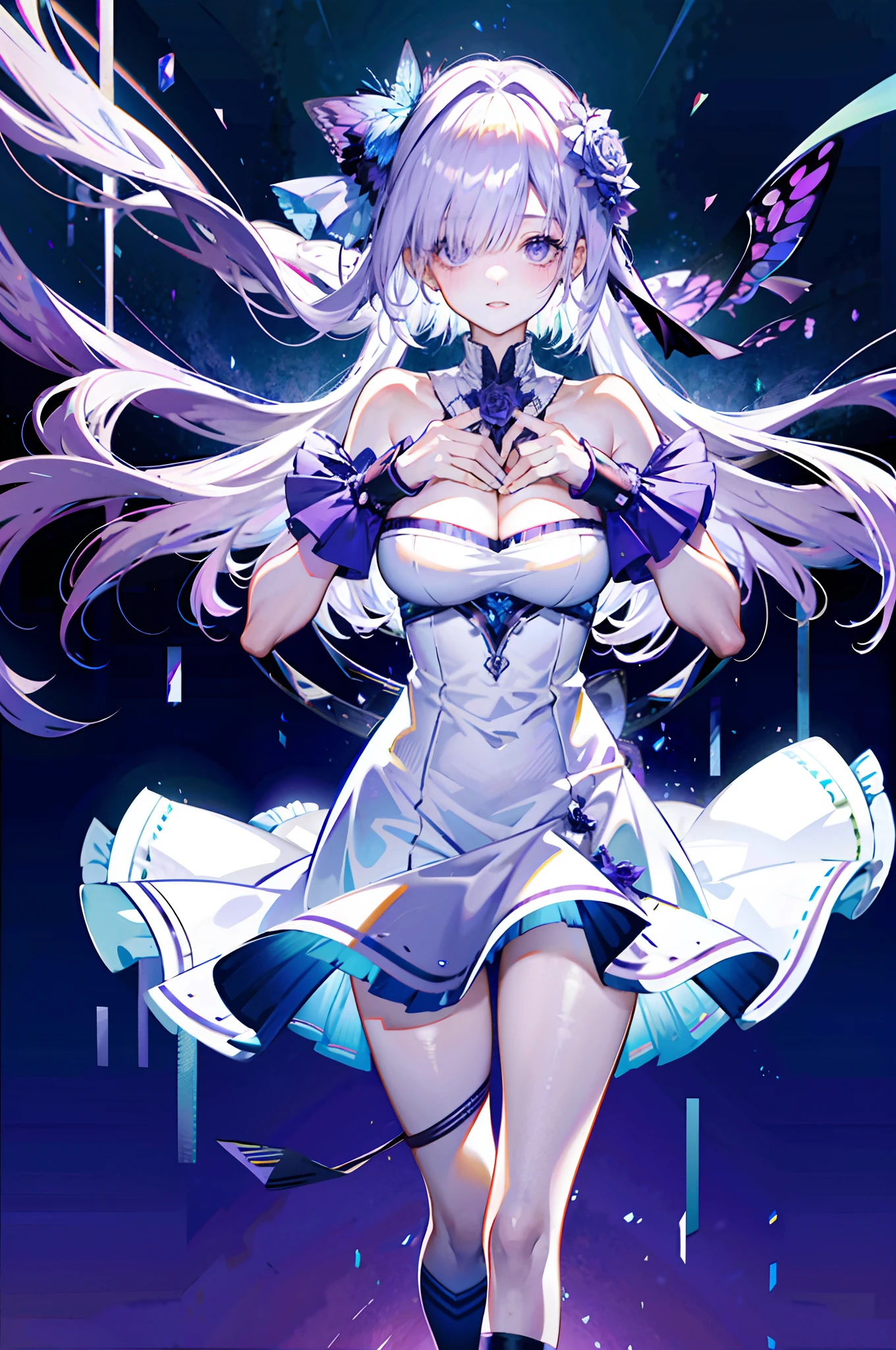 silber hair,butterflys,long whitr hair,8k wallpaper,detailedbackground,Highest high resolution,deep v big breasts,Hair covers one eye,Bandeau,chies,Purple roses,tight-fitting,High socks,stocklings