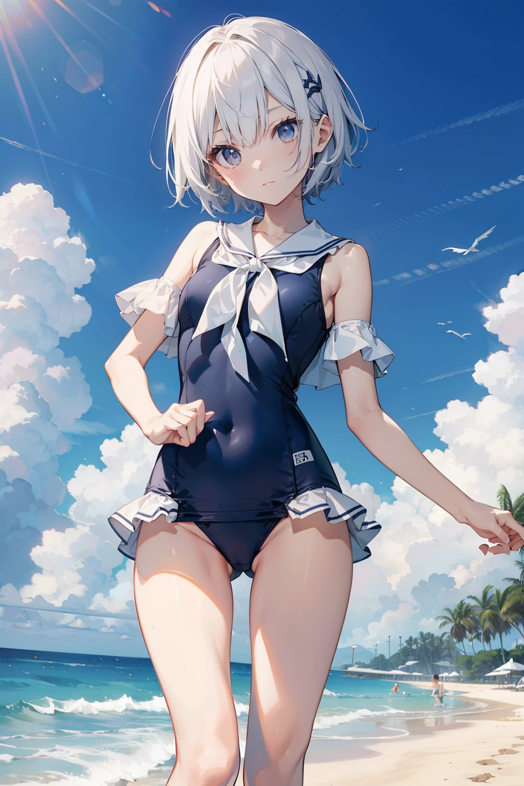 top-quality、Full limbs、complete fingers、Slender beauty、hi-school girl、Bery short hair、knee high、White School Swimsuit