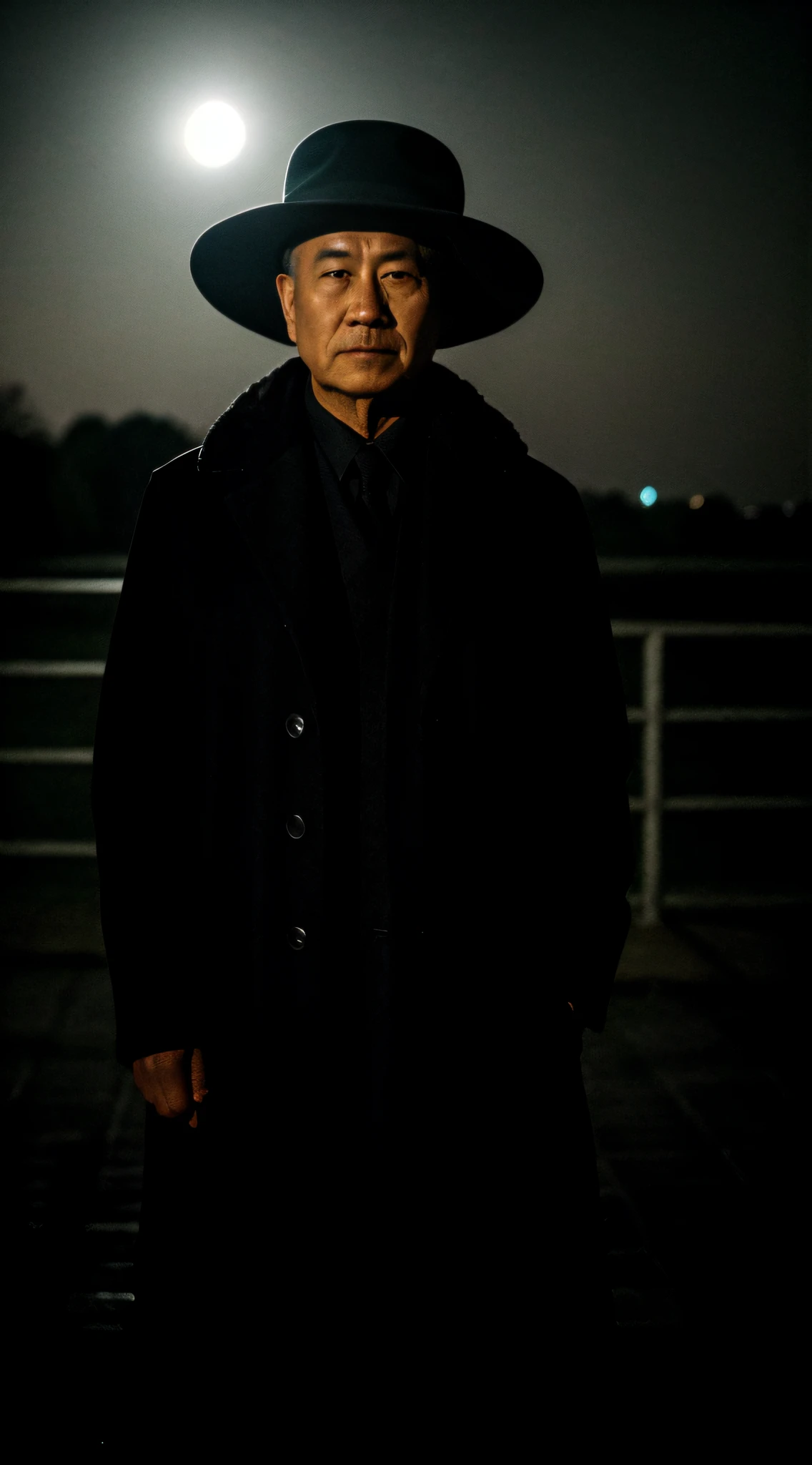 Pitch black night，The sky is dark，In the uninhabited outdoors，Sixty-five ，male people，Gloomy environment，With a hat，Put your hands in your pockets，looks into camera，Faint moonlight，full bodyesbian，Serious face，Clear face，realisticlying，Scary atmosphere，Sense of story，thriller，Asian people，chineseidol，The overall environment is terrifying，The environment is dark