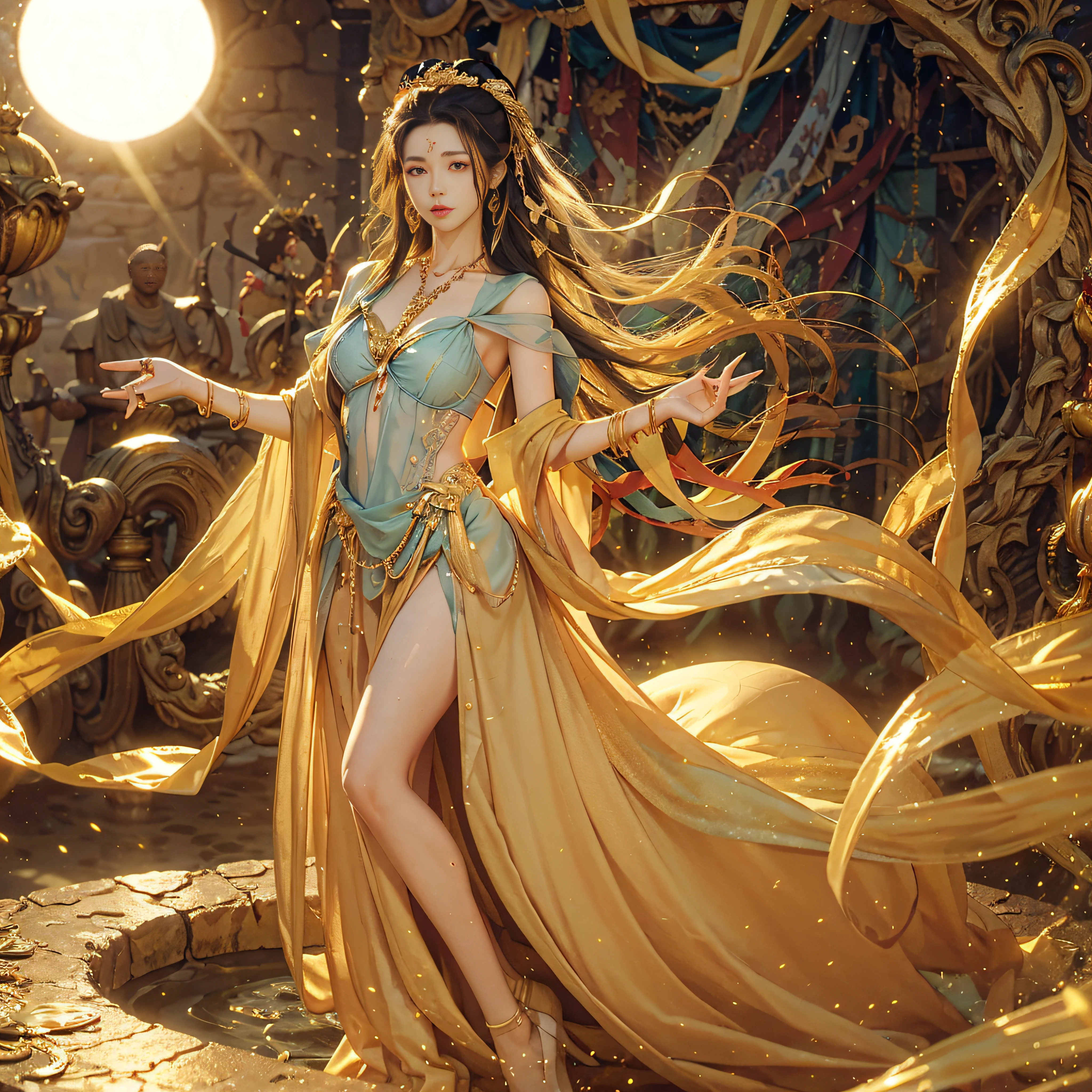 Full body shot, illustration, film light, fantasy, highest quality, super detailed, best quality, masterpiece, (detailed face), tall sexy mature woman, dress made of gold coins chained together, glowing quicksand, floating embers Crystals, golden hair accessories, metal that reflects sunlight, (body focal length: 1.25), clear blue sky, desert ocean in the background, long curly hair, golden eyes, magic, darkness, light reflection