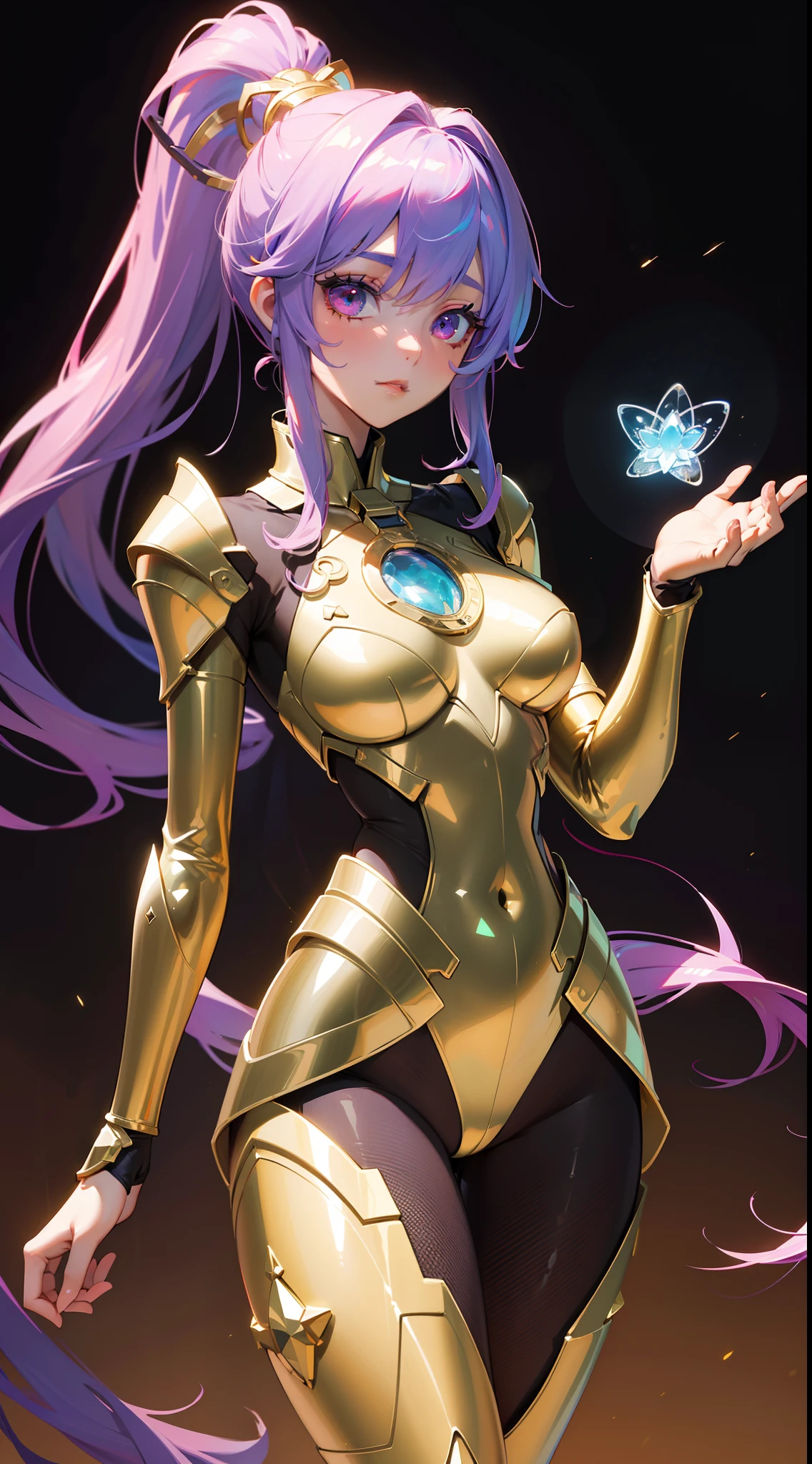 ((Masterpiece)), Best quality, absurderes, Ultra detailed, 8K, super complex detail, Intricate details, holograph, Cowboy shot, Golden ratio, Super cute girl, Mature girl, Idol girl, Halo: Super beautiful asian girl，Very beautiful glowing eyes, Beautiful glowing multicolored hair, High ponytail, Nice sexy body, Slim body, Perfect body, Wear super tight and super cute tights, Super sexy gold armor and cute celestial hair accessories, With cute magical pets, Futuristic Tokyo