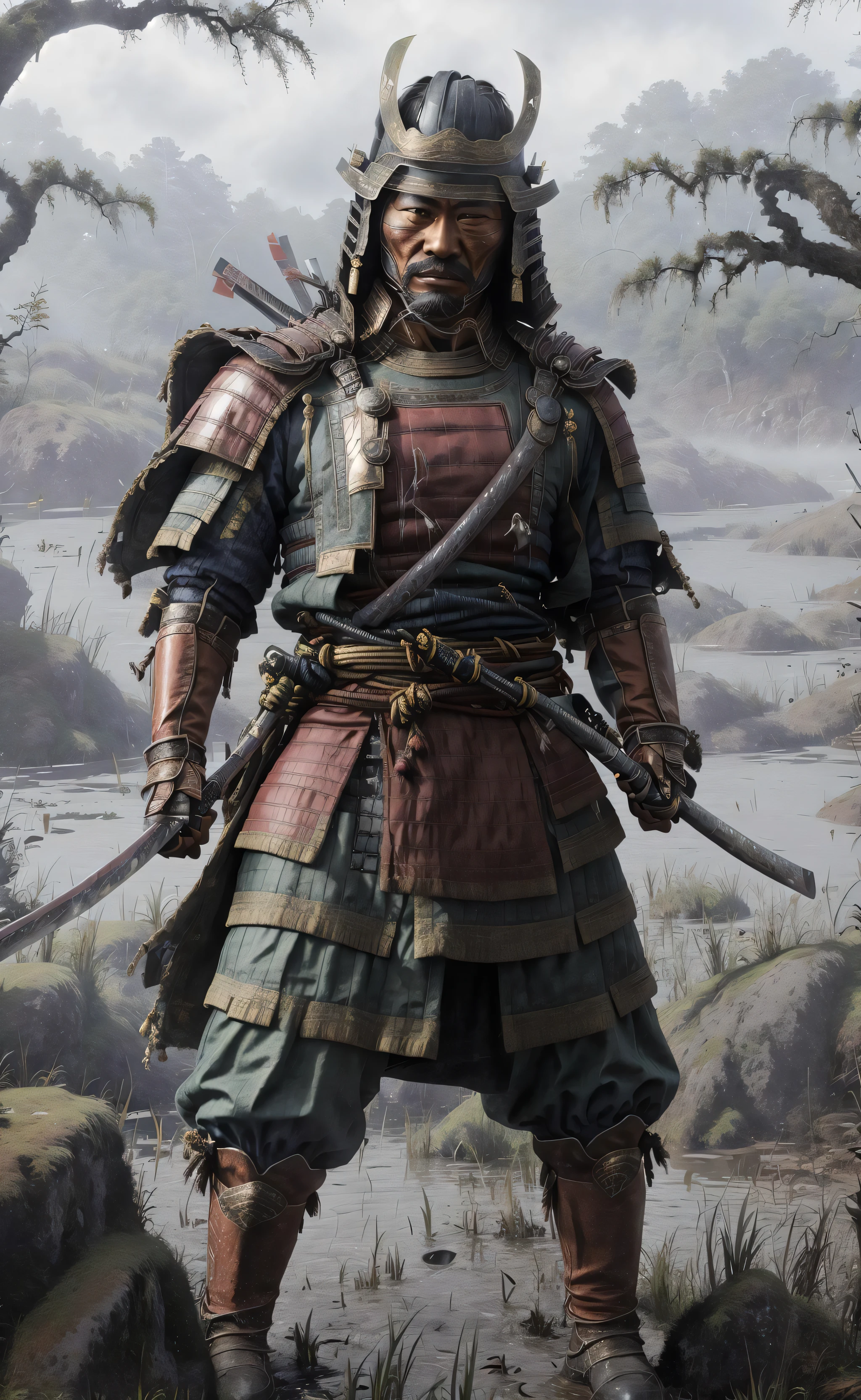 epic angle, close up, photorealistic, crowd around LongTchi, man warrior, fighting, holding a katana,(swamp background:1.0), perfect hands,