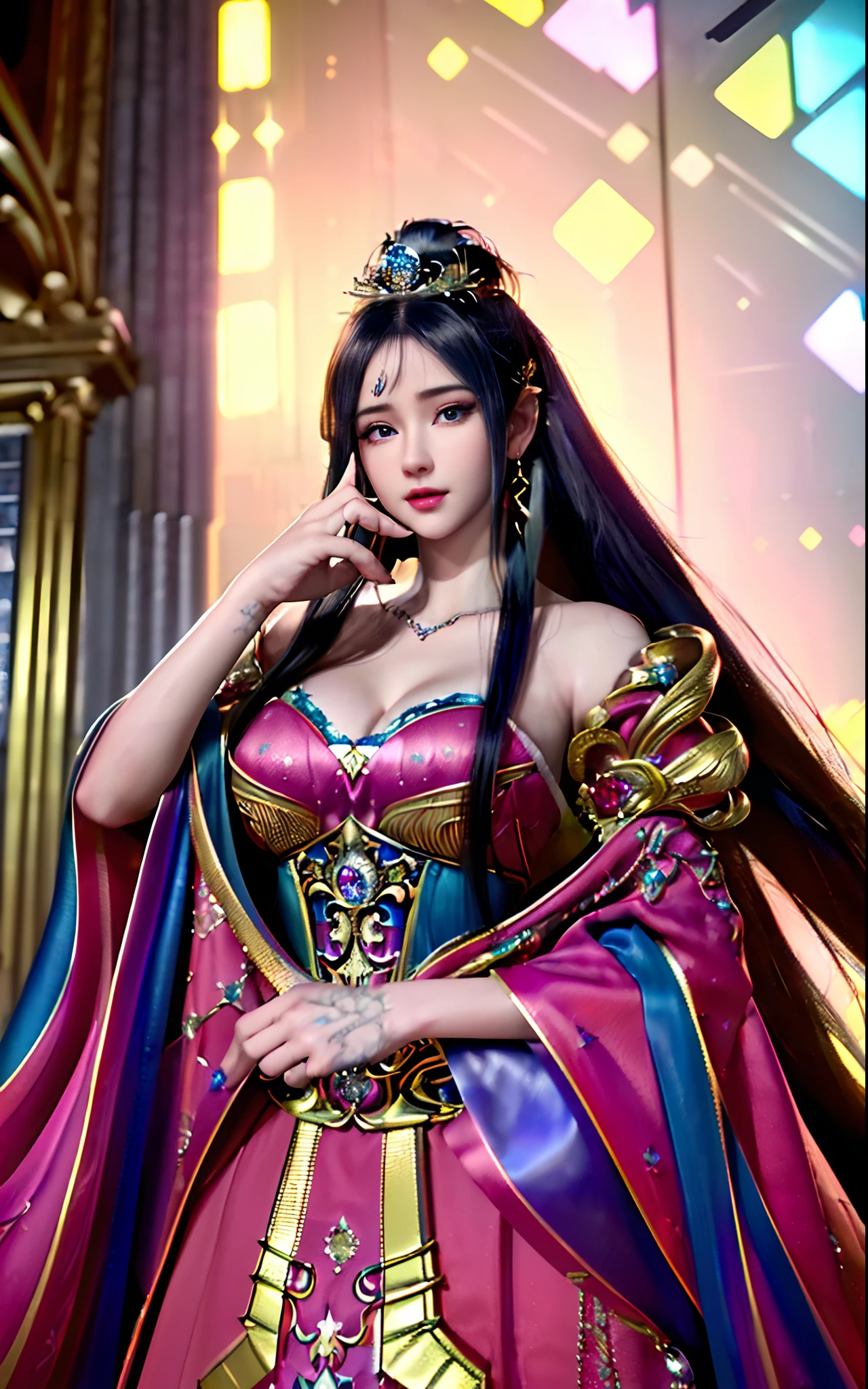 ((realisticity: 1.2)), ((realistic: 8K UHD)), ((best resolution: 8K UHD)), hyper detailed, best quality,masterpiece,highres,cg, ((1 girl hyper detailed and hyper realistic) ) , ((beautiful queen, hyper realistic and hyper detailed)),((white skin, beautiful, smooth, youthful, hyper realistic and hyper detailed )), ((Face hyper beautiful, white, hyper realistic and hyper detailed ) ), long hair, ((hyper realistic and hyper detailed dress)), solo, ((hyper realistic, hyper beautiful, beautiful and hyper detailed jewelry)), ((hyper beautiful deep red and golden yellow dress, hyper realistic and hyper detailed )) , ((Her pretty, hyper realistic, hyper detailed diamond filled earrings)), ((Her gorgeous diamond haircut, hyper realistic and hyper detailed)), ((hyper pretty upper body, hyper beautiful, hyper realistic and hyper detailed) ), ((medium breast: 1.1)), ((hyper realistic, hyper pretty, hyper detailed boobs)), ((the backgroun of the royal palace is hyper majestic, hyper realistic and hyper detailed)),((hands and palms hyper beautiful, hyper detailed, hyper realistic)), ((hyper detailed and hyper realistic fingers and fingernails)), ((hyper pretty fingernails, hyper vivid, hyper detailed, hyper realistic)), ((thumb, index finger, middle finger, ring finger, little finger hyper vivid, hyper pretty, hyper detailed, hyper realistic)),
((hyper beautiful fingers, hyper detailed, and hyper realistic)), ((posture not too fat and not too thin, hyper realistic, hyper detail)), ((hyper pretty, hyper pretty, hyper realistic and hyper detailed hair bun)), ((hyper pretty , hyper realistic and hyper detailed blue hair)), candid, Photo, high resolution, 8k , bokeh,