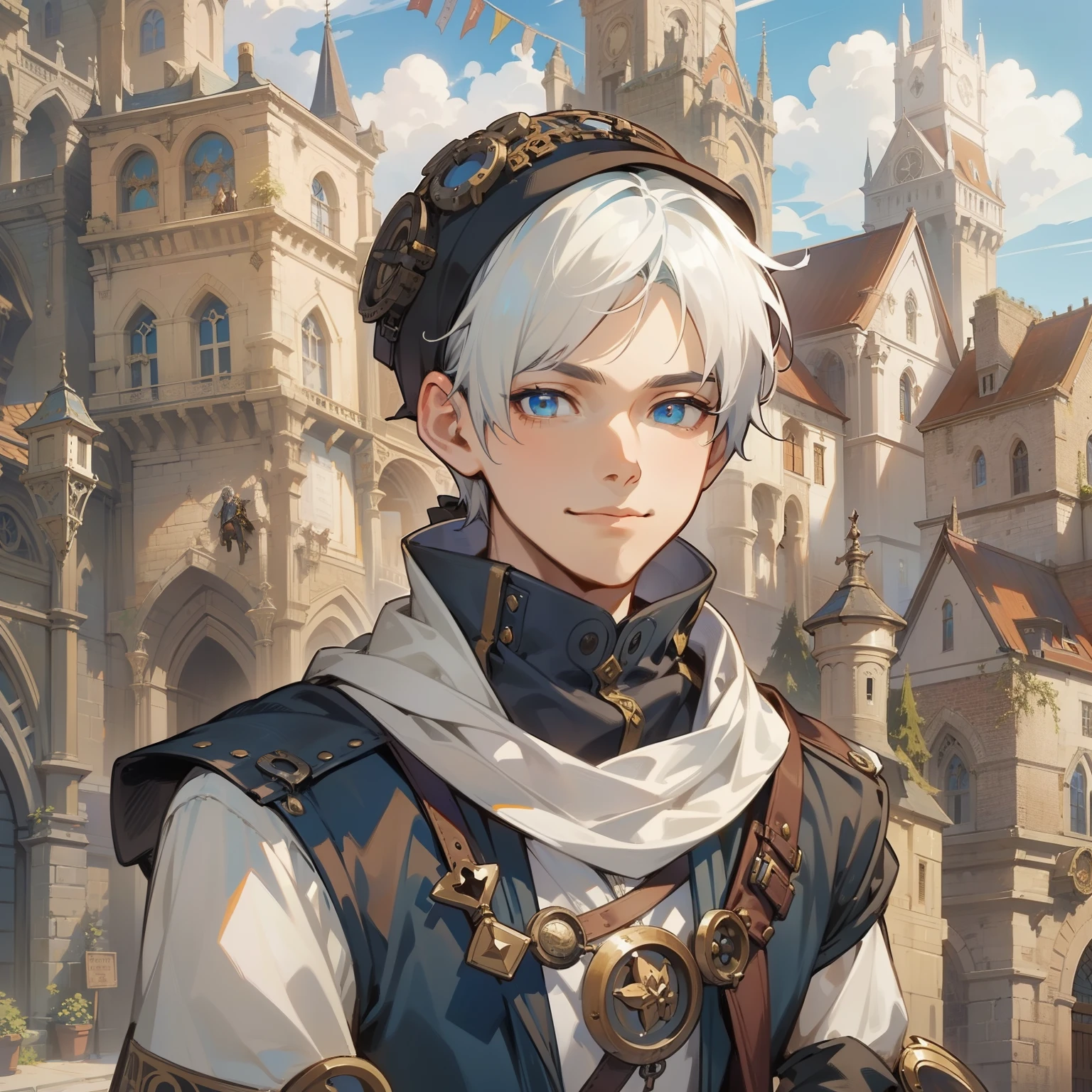 A young man with short white hair emo style he is kind with an innocent smile with steampunk robes technomage style he is in a medieval city a medieval city on a beautiful blue sky day he is a medieval rpg character an art for rpg a medieval art for rpg art using technological clothes steampunk costume steampunk style