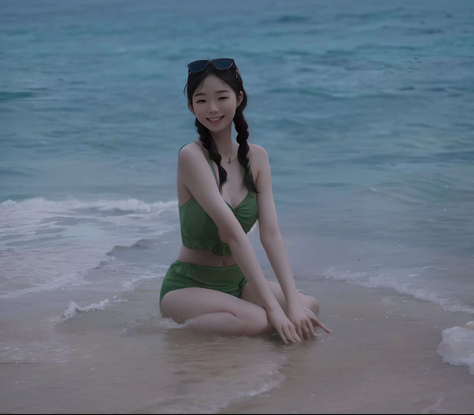 There is a woman sitting on the beach in a green bikini, wearing two - piece swimsuit, queen of the sea mu yanling, in a bathing suit, wenfei ye, posing on a beach with the ocean, xintong chen, Gemma Chen, on the ocean water, Green swimsuit, In the sea, in the beach