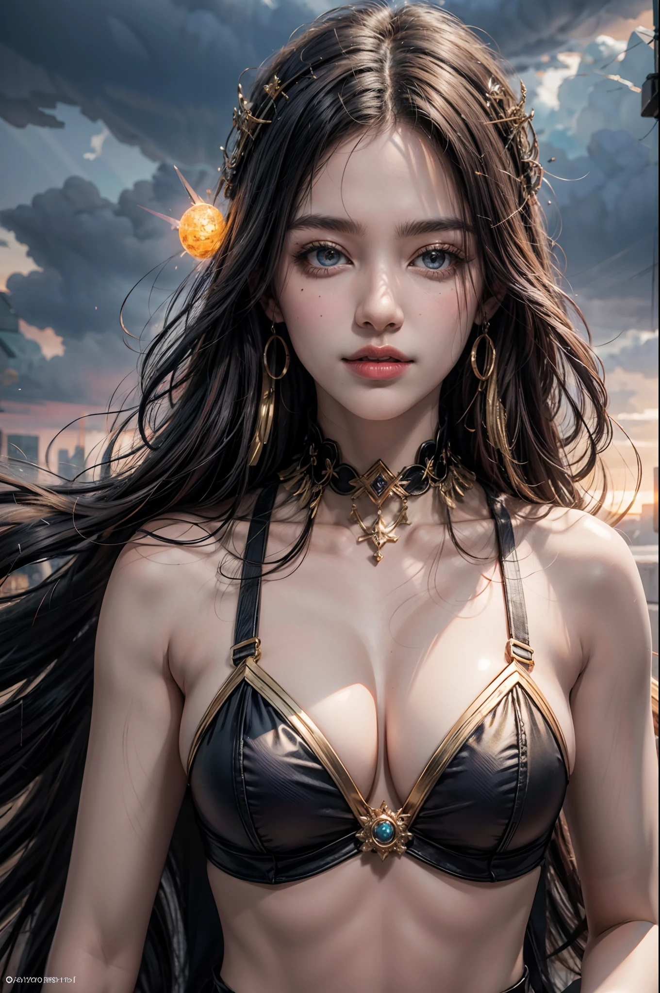 1girl, beautiful sun empress, detailed eyes, detailed face, mature face, athletic body, looking at viewers,full body, light smile,detailed skin,mature body, tall body,seductive body,medium big breast, medium thigh, detailed clothes BREAK desert and pyramid backgrounds, holding only one long and thick sun scepter, phoenix dragon in sky, highly saturating sunbeams, holy ceremony, angelic halo, golden and orange spark dazzling around, holy magic circle, golden crown , golden majical lightning, best quality, masterpiece, trending on Art station,BREAK,Detailed,Realistic,4k highly detailed digital art,octane render, bioluminescent, cinematic lighting BREAK 8K resolution concept art, realism,by Mappa studios,masterpiece,best quality,official art,illustration,ligne claire,(cool_color),perfect composition,absurdres, fantasy,focused,