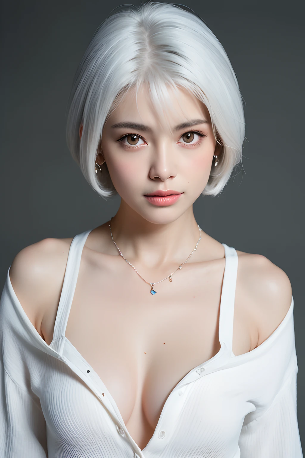 (extra detailed body、extra detailed face、best qualtiy:1.2)、femele、looking at the viewers、c、Raw photography、top-quality: 1.4)、(1girl in)、beautiful expression、(Lifelike face)、(White hair、Fancy piercings、a necklace、short-hair:1.3)、Beautiful hairstyle、realisticeyes、Beautiful details、（real looking skin）、Beautiful skins、（Thin shirt）、absurderes、enticing、超A high resolution、A hyper-realistic、high-detail、the golden ratio、Sheer areola