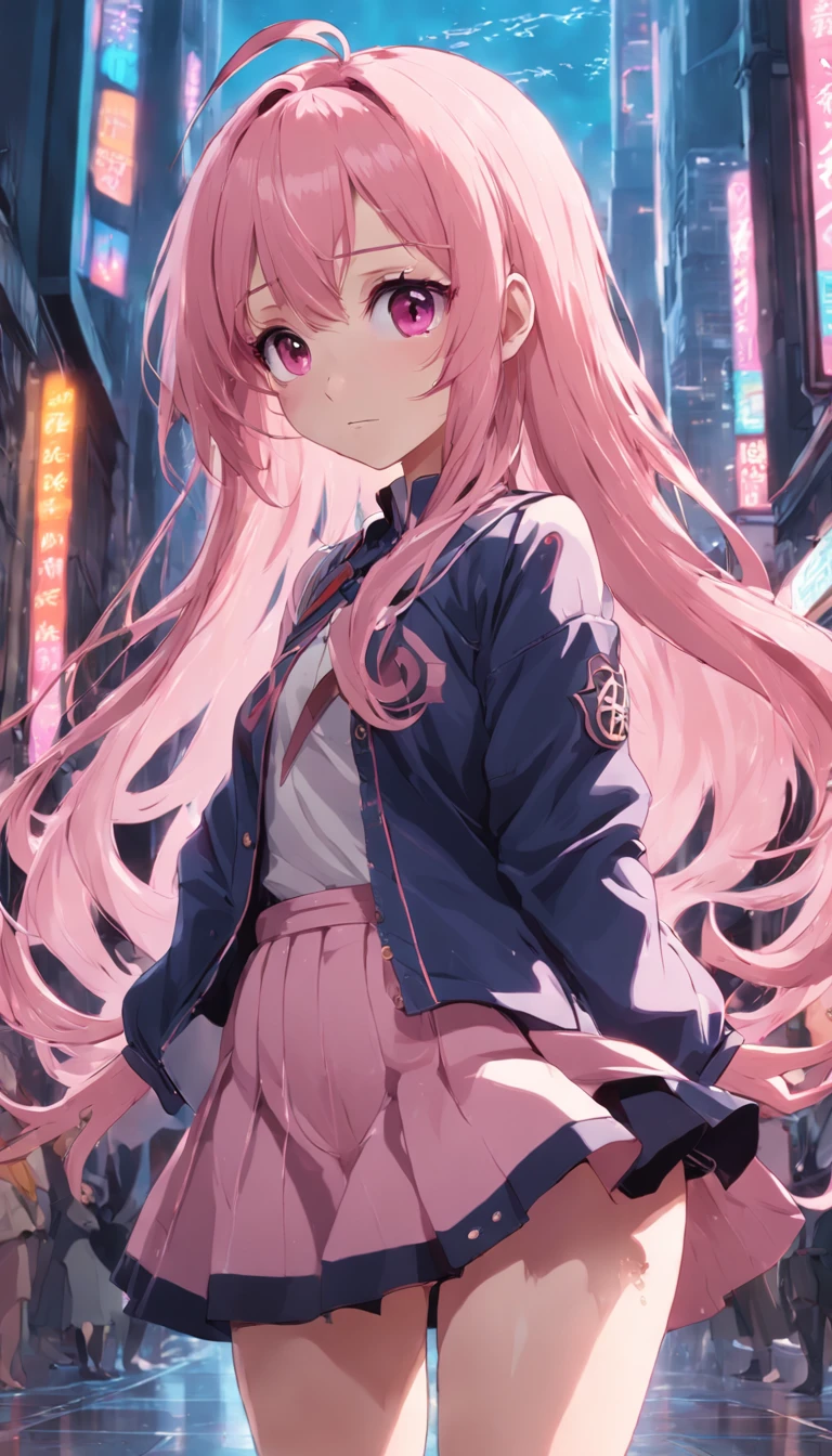 Female anime style, long pink hair, Glued short skirt,Hand gesture six