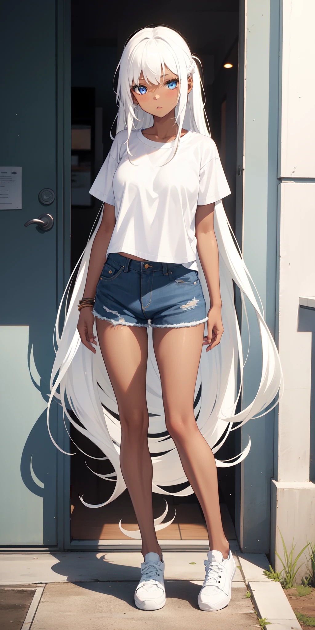 1 girl, brown skin, white t-shirt, Jean shorts, very long hair, white hair, blue eyes,