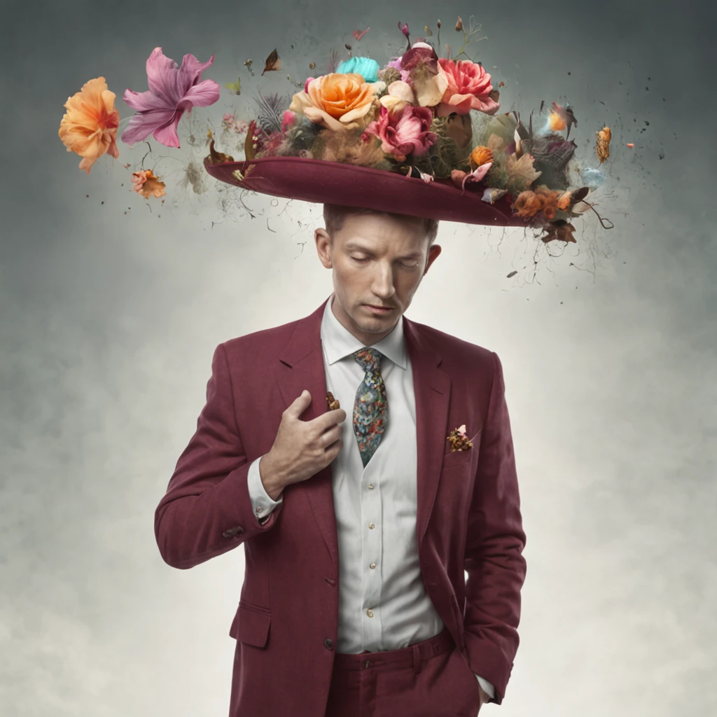 In a beautiful surreal portrait, An inquisitive man appears wearing a hat decorated with flowers on his head. The image is a true surrealist digital work of art, Inspired by the magical work of Maxim Verekhin. Every detail of the illustration is impressive, With vivid colors and captivating textures that catch the viewer's eye. The portrait captures the essence of the flower storm, Emotional blend of fantastic and natural elements. Through photographic manipulation and surrealist techniques, Portraits come to life, Beyond the boundaries of reality、Take the audience into a universe of imagination and wonder. Style refers to the influence of Alexander Jansson, In a magical dreamlike atmosphere, Where Surrealism and Fantasy Meet. Each digital brush stroke is、Carefully crafted to convey unique and captivating beauty. Inspired by Alberto Seveso, The depiction of surrealism is、Lively with fluid strokes, Remembering the dance of movement and transformation. This beautiful digital art is、It is a celebration of human creativity and the ability to transcend the boundaries of reality, Invites viewers to immerse themselves in a world of imagination and enchantment.