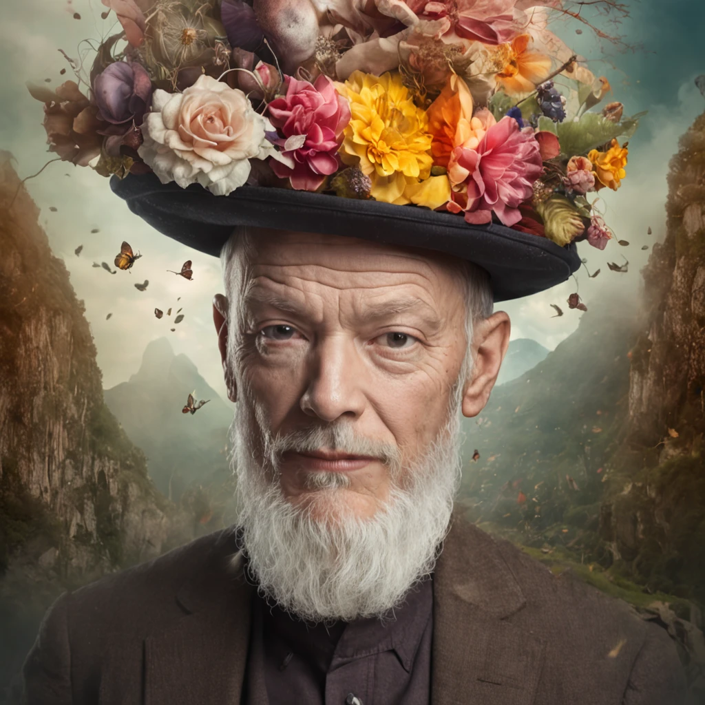 In a beautiful surreal portrait, An inquisitive man appears wearing a hat decorated with flowers on his head. The image is a true surrealist digital work of art, Inspired by the magical work of Maxim Verekhin. Every detail of the illustration is impressive, With vivid colors and captivating textures that catch the viewer's eye. The portrait captures the essence of the flower storm, Emotional blend of fantastic and natural elements. Through photographic manipulation and surrealist techniques, Portraits come to life, Beyond the boundaries of reality、Take the audience into a universe of imagination and wonder. Style refers to the influence of Alexander Jansson, In a magical dreamlike atmosphere, Where Surrealism and Fantasy Meet. Each digital brush stroke is、Carefully crafted to convey unique and captivating beauty. Inspired by Alberto Seveso, The depiction of surrealism is、Lively with fluid strokes, Remembering the dance of movement and transformation. This beautiful digital art is、It is a celebration of human creativity and the ability to transcend the boundaries of reality, Invites viewers to immerse themselves in a world of imagination and enchantment.