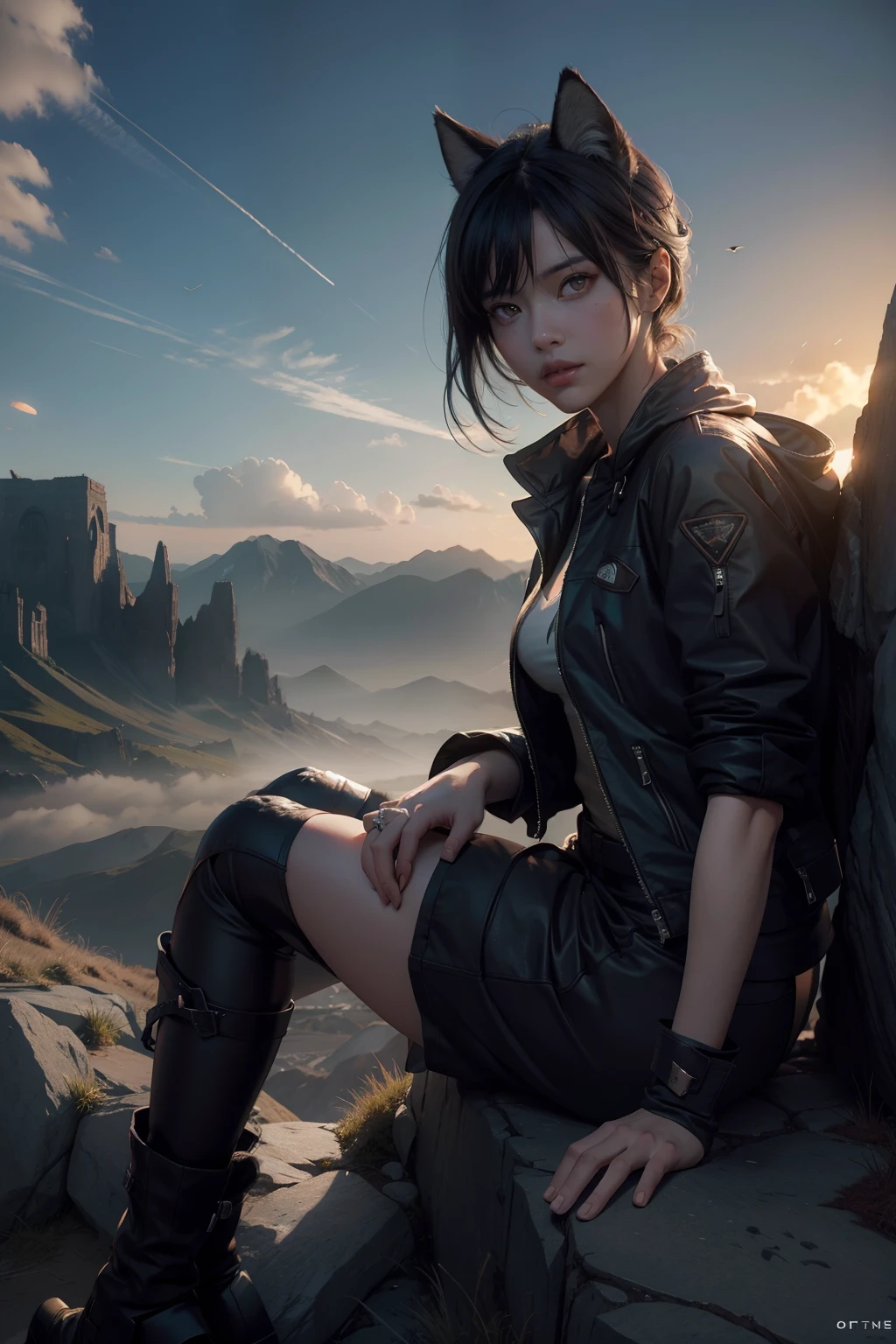 A highly detailed matte painting of a wolf on a hill watching a giant alien monster, por Makoto Shinkai, por Artgerm, por WLOP, por Greg Rutkowski, volumeric lighting, octane rendering, 4K分辨率, trending in artstation, Masterpiece