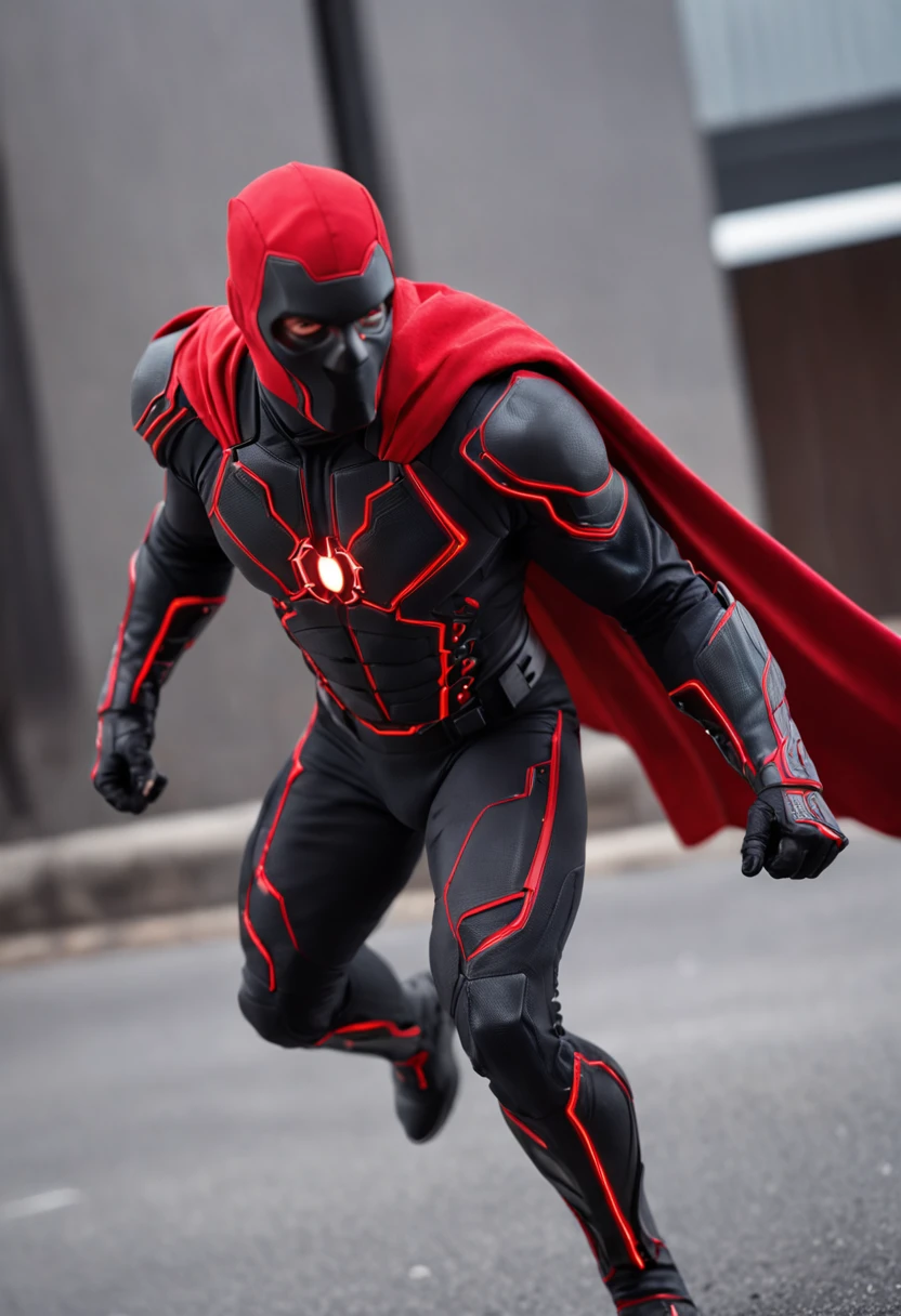 An intricate carbon and red Superhero in a cyber-suit, levitating in the air, extravagant long carbon black silk Cape, no helmet, has long hair and a beard laser red eyes, his super powers are strength and flight and can shoot lightning out of his hands, surrounded by red lightning, extremely detailed suit, micro-details, photo-realism, one light, dark photo, deep shadows, shallow depth of field, photo-realistic, Surrealism, high quality, masterpiece, 8k, 8k, super detail, full body portrait,  extremely muscular, no mask, (T Logo on chest)