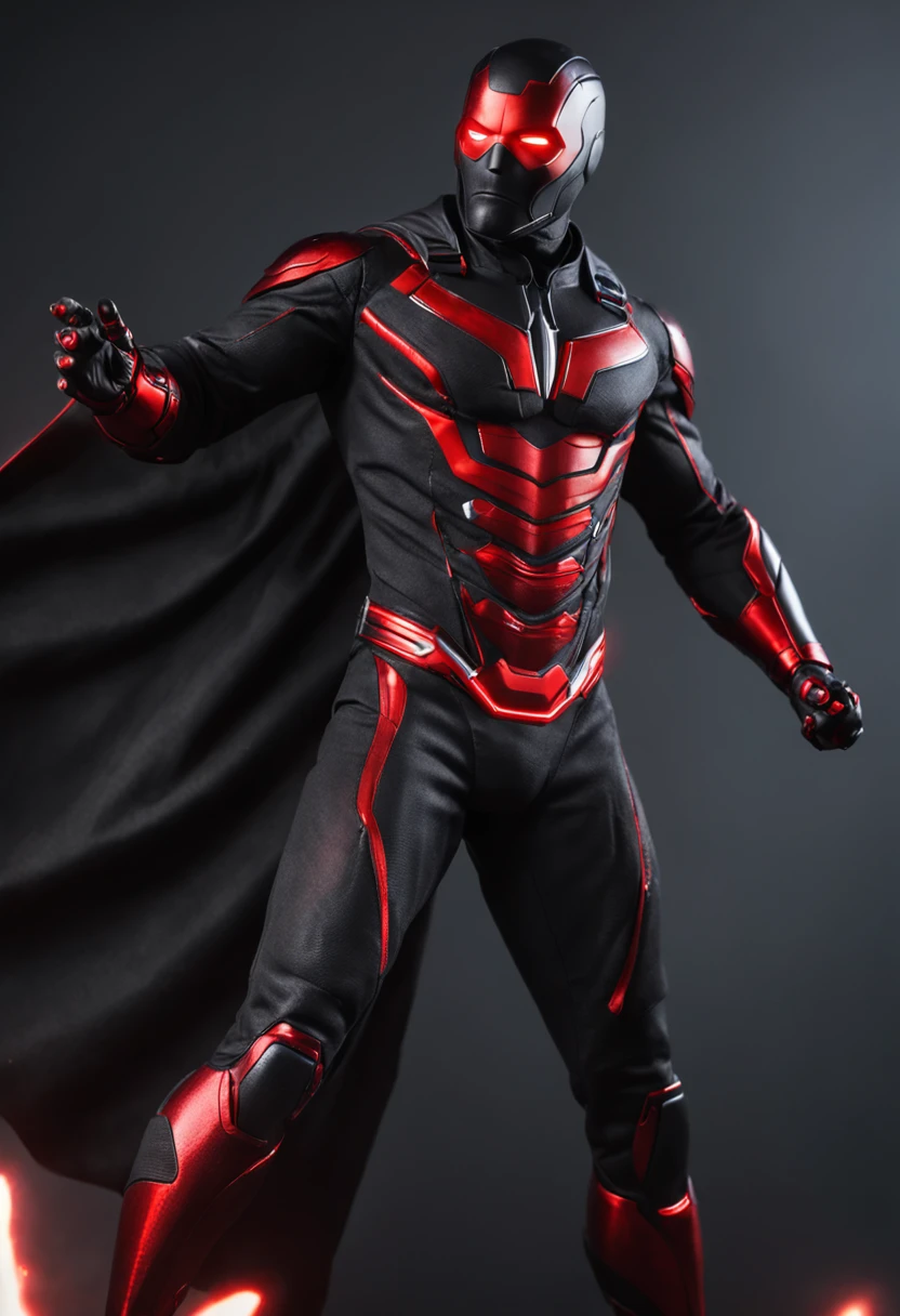 An intricate carbon and red Superhero in a cyber-suit, levitating in the air, extravagant long carbon black silk Cape, no helmet, has long hair and a beard laser red eyes, his super powers are strength and flight and can shoot lightning out of his hands, surrounded by red lightning, extremely detailed suit, micro-details, photo-realism, one light, dark photo, deep shadows, shallow depth of field, photo-realistic, Surrealism, high quality, masterpiece, 8k, 8k, super detail, full body portrait, extremely muscular, no mask, (T Logo on chest)
