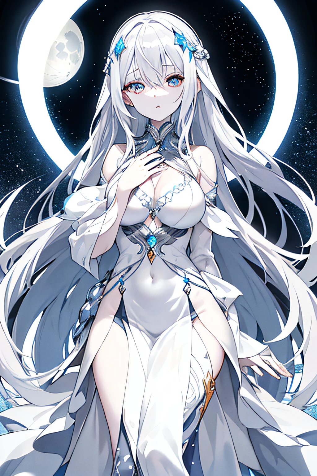 Pale woman with long gray hair. Her eyes are cold and mysterious.She is dressed in a light dress with patterns in the form of stars, giving it an airy aura. A slight touch of magic surrounds her appearance. There are also silver jewelry depicting the stars and the moon. Chains are attached to the dress, that wrap around her body, as a symbol of mystical connection with mysterious forces.