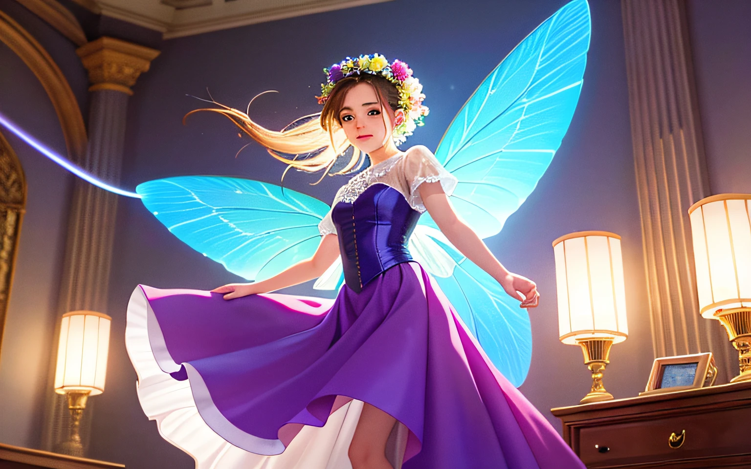 (((A girl)),Long skirt,Irridescent color,Rich colors,the Flower Fairy,The Arthur effect, Transparent body, Gradient translucent glass melt, Caustics, transparent glass texture, Irridescent color, Designed by Dietrams, Simple, Glows in high detail, white backgrounid, industrial design, studio lit, C4D, OC renderer, Clean shadows, 4K