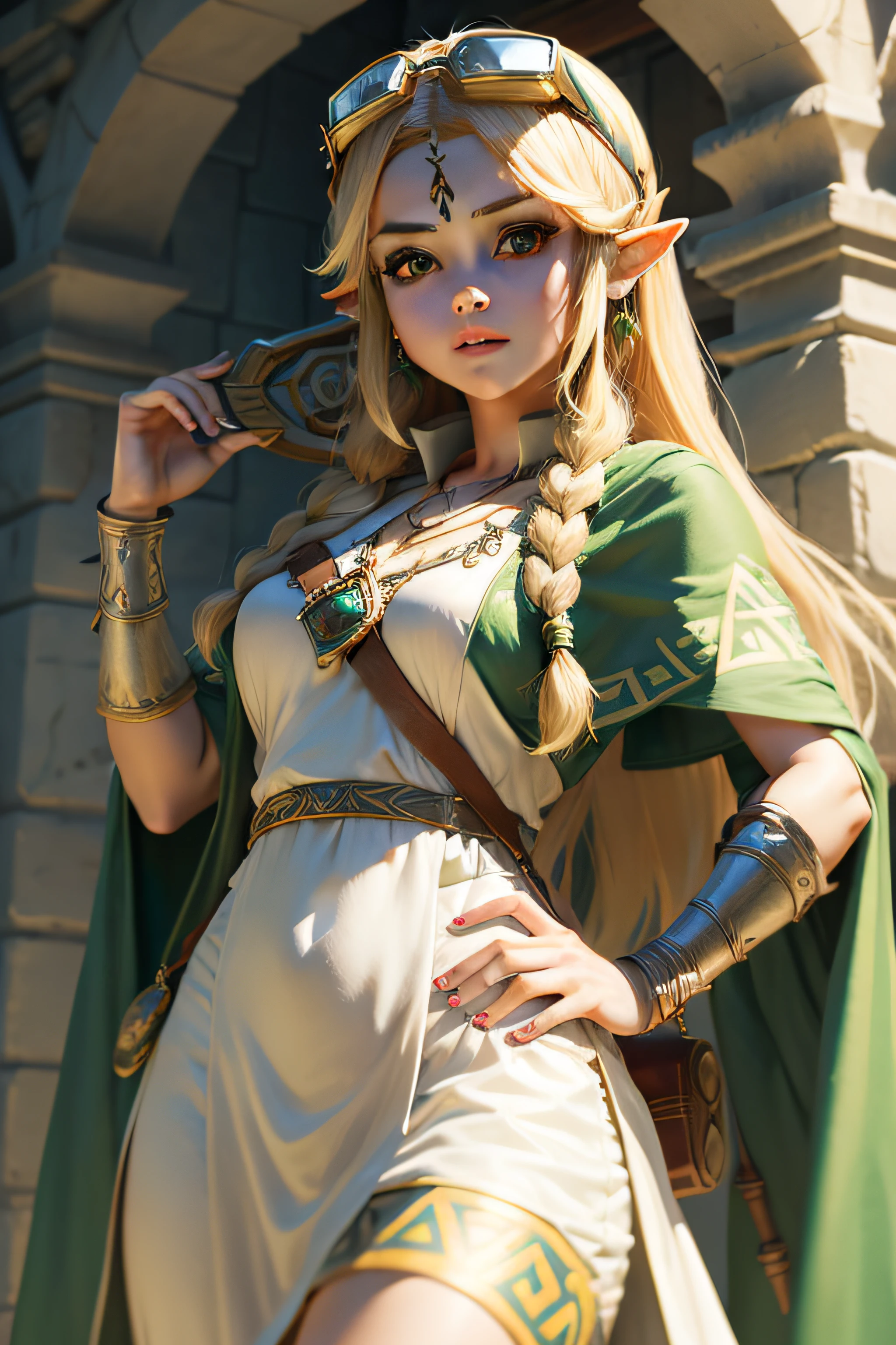 Zelda, TOTK, triforce, long white dress, mid lenght hair, green jewelry, toga, goggles