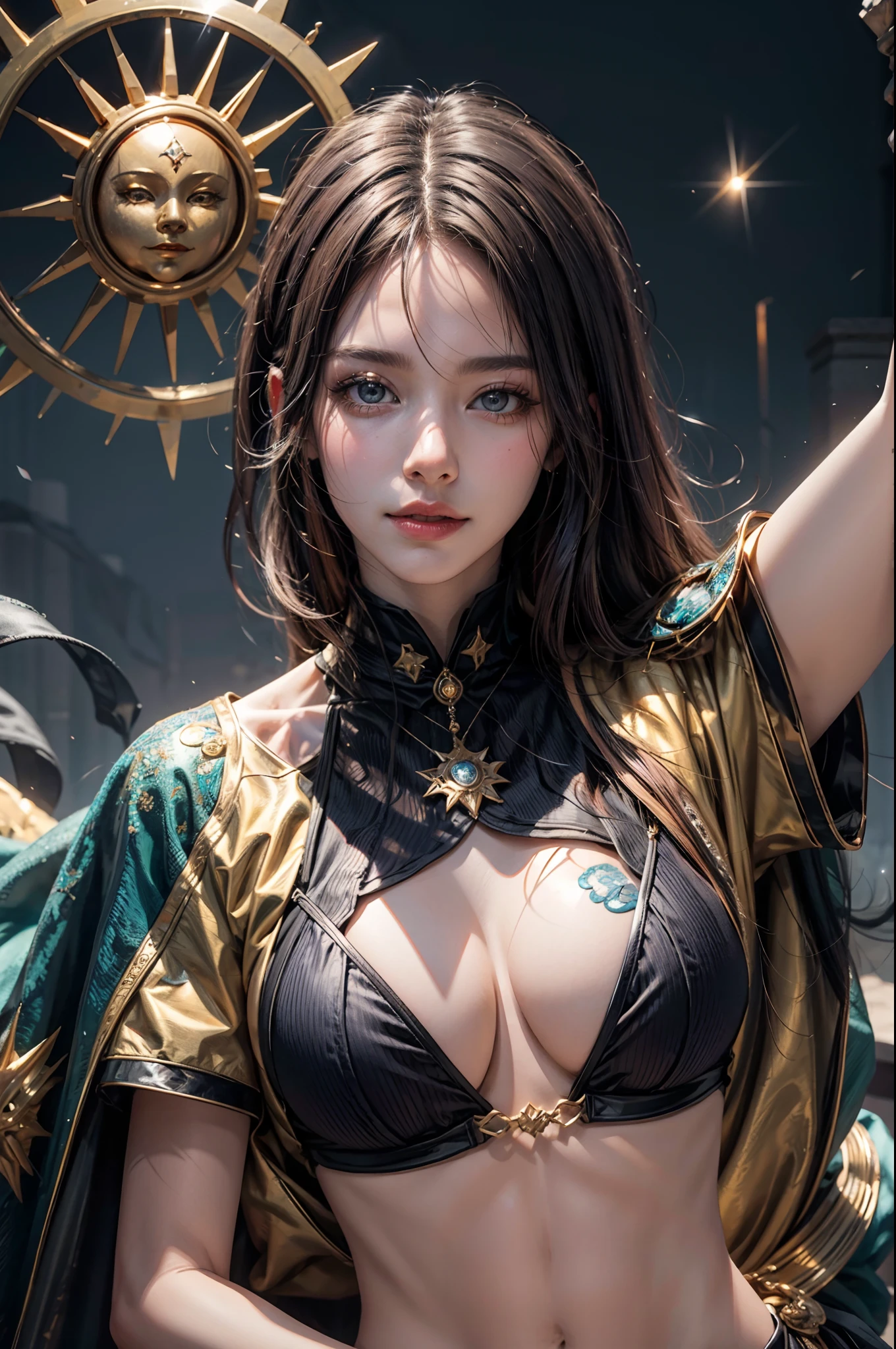 1girl, beautiful sun empress, detailed eyes, detailed face, mature face, athletic body, looking at viewers,full body, light smile,detailed skin,mature body, tall body,seductive body,medium big breast, medium thigh, detailed clothes BREAK desert and pyramid backgrounds, holding only one long and thick sun scepter, phoenix dragon in sky, highly saturating sunbeams, holy ceremony, angelic halo, golden and orange spark dazzling around, holy magic circle, golden crown , golden majical lightning, best quality, masterpiece, trending on Art station,BREAK,Detailed,Realistic,4k highly detailed digital art,octane render, bioluminescent, cinematic lighting BREAK 8K resolution concept art, realism,by Mappa studios,masterpiece,best quality,official art,illustration,ligne claire,(cool_color),perfect composition,absurdres, fantasy,focused,