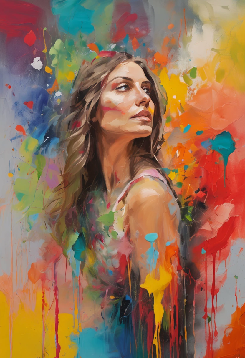 Bust of a beautiful young woman,The background is splashed with paint of various colors, Fun adventure, Cover art, illustratio, Solo