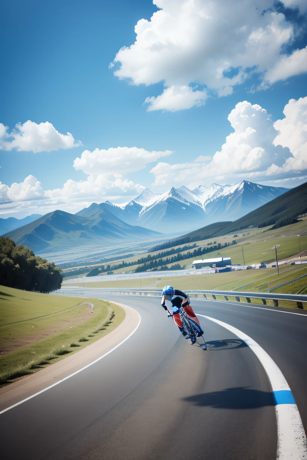Road bike races,Road around the mountain,with blue sky and white clouds,contest