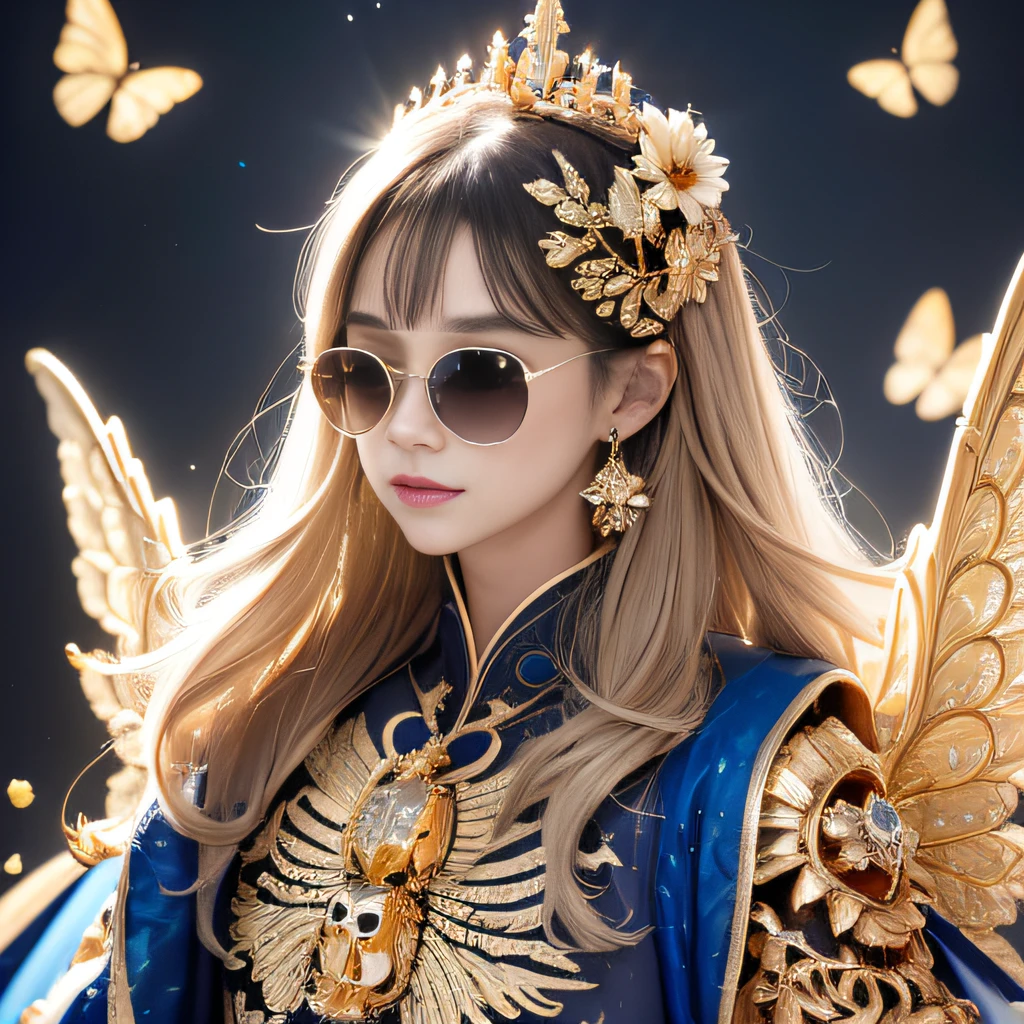 Snowy moonlit night，Transparent wings，Magic wand，Wear thick gold-framed reflective sunglasses，32K（tmasterpiece，k hd，hyper HD，32K）Light orange flowing hair，Silver Skull jewelry district in an abandoned pond，Indigo Skull King ，Skeleton protector （The skeleton is realistic：1.4），Skull pattern robe，Silver skull flower ornaments，Petals flutter，Colorful balloon background pure，Hold your head high，Be proud，The nostrils look at people， A high resolution， the detail， RAW photogr， Sharp Re， Nikon D850 Film Stock Photo by Jefferies Lee 4 Kodak Portra 400 Camera F1.6 shots, Rich colors, ultra-realistic vivid textures, Dramatic lighting, Unreal Engine Art Station Trend, cinestir 800，Hold your head high，Be proud，The nostrils look at people，Tsundere，Petals flutter，Petals flutter，Sprinkle with gold dust，Fluttering，Impeccable，( reasonable design, Clear lines, High sharpness,Best quality, Very detailed skeleton, The skeleton of a masterpiece, offcial art, movie light effect, 4K skeleton（（（Wear thick gold-framed reflective sunglasses）））Transparent wings，Magic wand，coloredballoons，Ribbons，Ghost Birthday