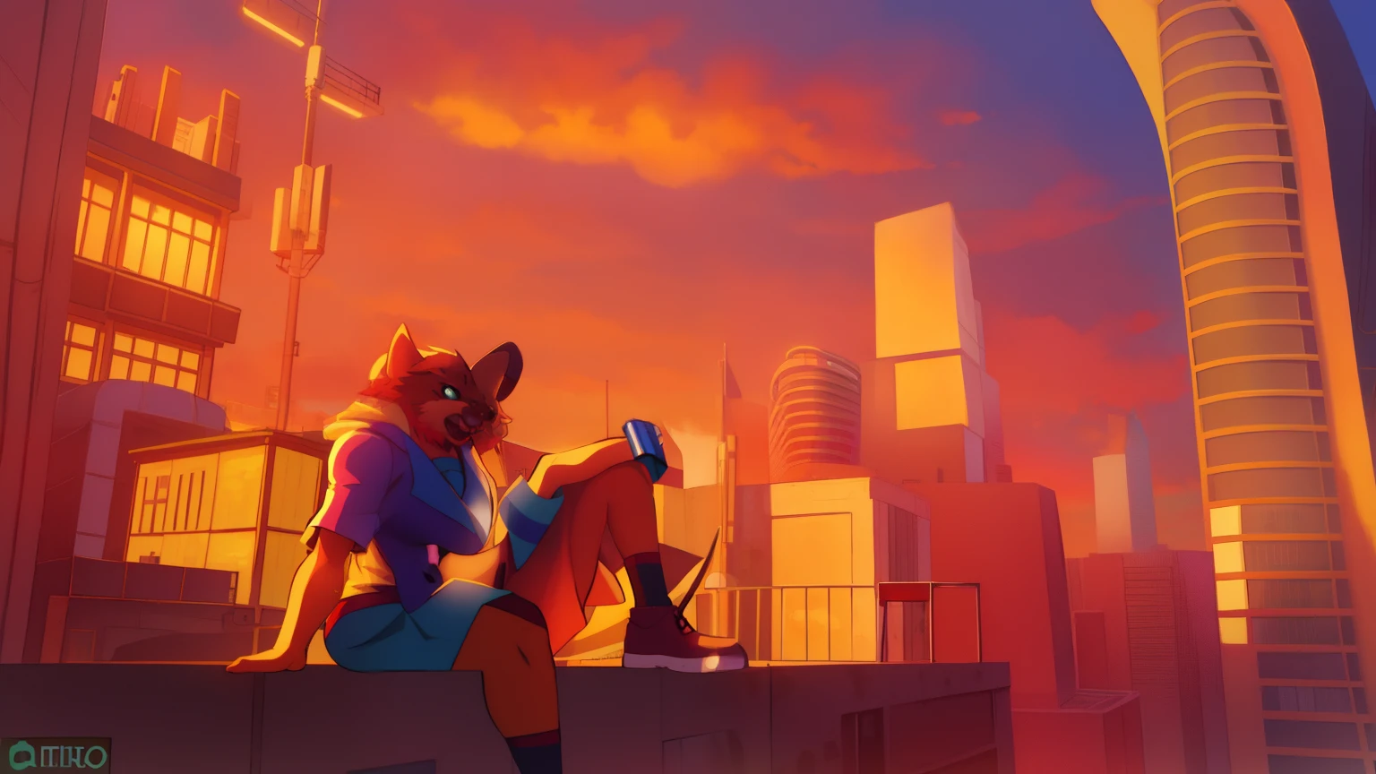 Anime characters sitting on windowsills in an urban environment, cyril rolando and goro fujita, sitting on rooftop, city rooftop, on a rooftop, Deviantart ArtStation CGSCOSIETY, sitting on a skyscraper rooftop, on a rooftop, POV furry art, watching the sunset. anime big breast, Inspired by Cyril Rolando