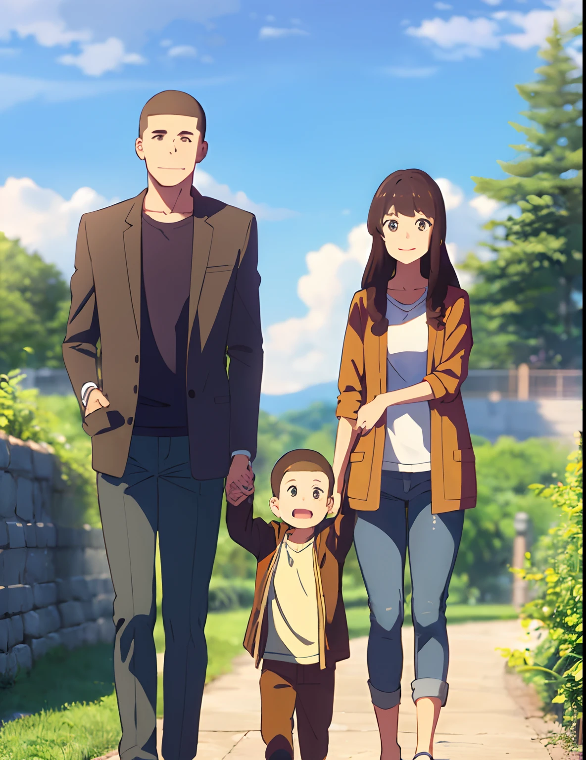 shinkai makoto, kimi no na wa., family of four,1boy, buzzcut, brown jacket, open clothes, white shir, grey pants, holding hands, hold hand daughter child, dad, 1girl, bangs, Brown eyes, waterfall braid, red ribbon, long hair, light pink cardigan, open clothes, yellow shirt, orange pants, mother, carrying baby, baby boy, buzzcut, husband and wife, daughter and son, (1girl, child, small height, bangs, brown hair, ponytail, red ribbon, open mouth, smile, shorts, shirt, jacket,) (1boy, child, small height, buzzcut, brown eyes, close mouth, yellow jacket, green pants,) family, family photo, cute adorable, hug, hug son, hug daugther, outdoors, amusement park, sky, cloud, masterpiece, best quality,four,(dad,mom,daughter,baby boy son)