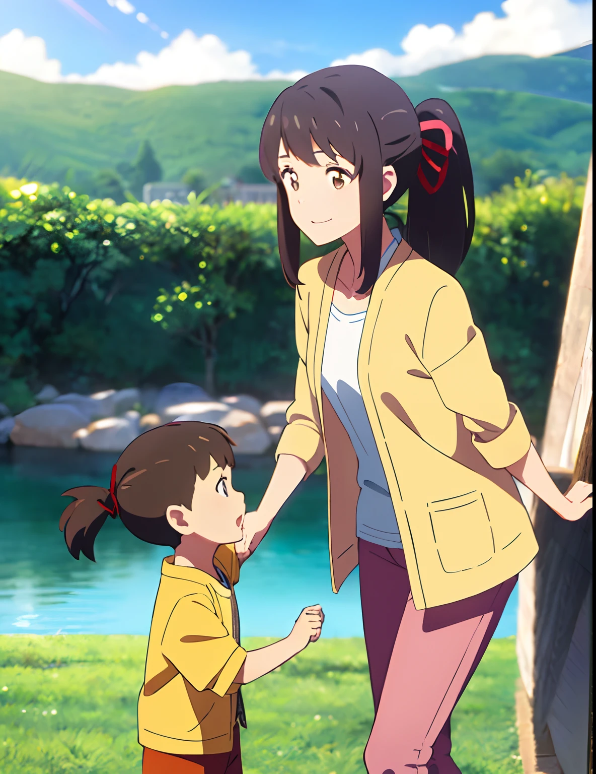 shinkai makoto, kimi no na wa., family of four,1boy, buzzcut, brown jacket, open clothes, white shir, grey pants, holding hands, hold hand daughter , dad, 1girl, bangs, Brown eyes, waterfall braid, red ribbon, long hair, light pink cardigan, open clothes, yellow shirt, orange pants, mother, carrying baby, baby buzzcut, husband and wife, daughter and son, (1girl, child, smeight, bangs, brown hair, ponytail, red ribbon, open mouth, smile, shorts, shirt, jacket,) (1boy, child, small h, buzzcut, brown eyes, close mouth, yellow jacket, green pants,) family, family photo, cute adorable, hug, hug son, hug daugther, outdoors, amusement park, sky, cloud, masterpiece, best quality,four,(dad,mom,daughter,baby boy son)