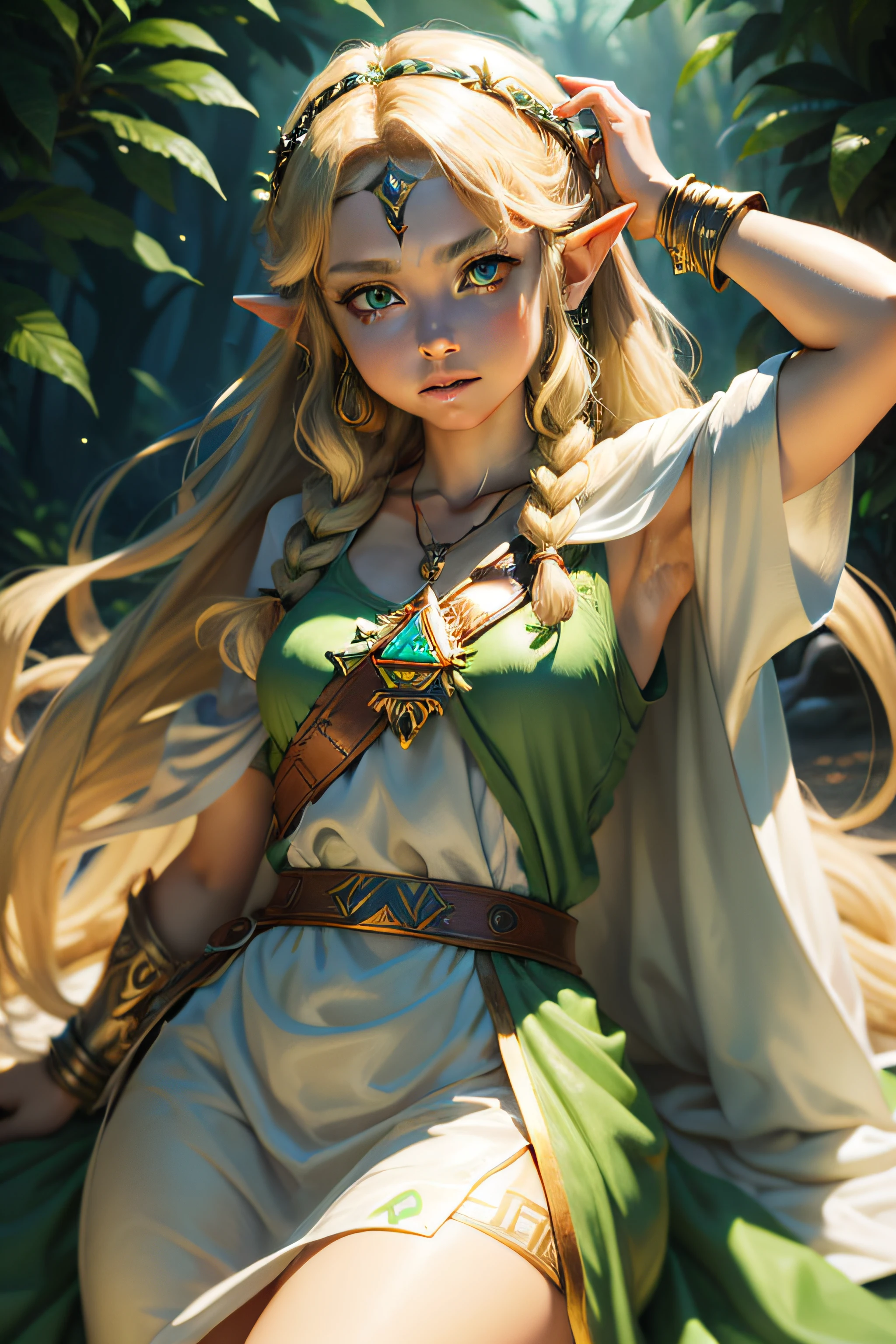 Zelda, TOTK, triforce, long white dress, mid lenght hair, green jewelry, toga, goggles, glowing jewelry