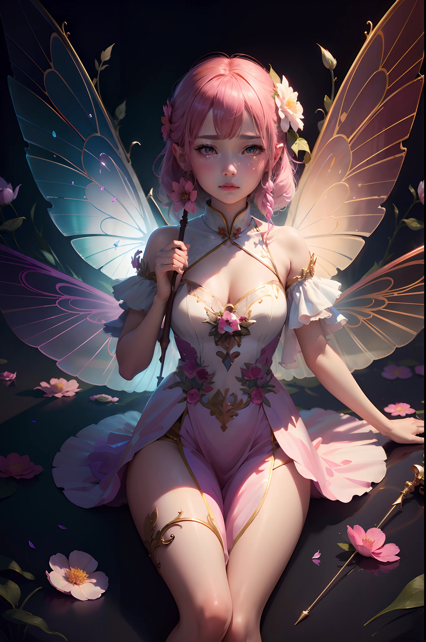 beautiful iridescent plumage, Flower Fairy , Wavelength dispersion, colored glaze, Multicolor prism effect, Rainbow Core, iris, Transparent colorful feathers, Beautiful blue sky and white clouds、The girl has transparent wings､Smiling Kindly､(((fullnude:1.5)))), Beautiful garden background､Gentle and transparent，Correct Anatomy, Delicate pattern，Pink rose space, Soft lighting, ( Bokeh)，masterpiece, Very detailed, A magnificent composition, highest quality, 8K，Epic romantic fantasy digital artwork，Epic fairy tale fantasy digital art，Mythical fantasy，UHD resolution，Detailed detailed view，Realistic，非常にRealisticな，Cinematic Lighting,Award-winning photography,Rich colors，Ultra-realistic, lifelike textures，Dramatic lighting