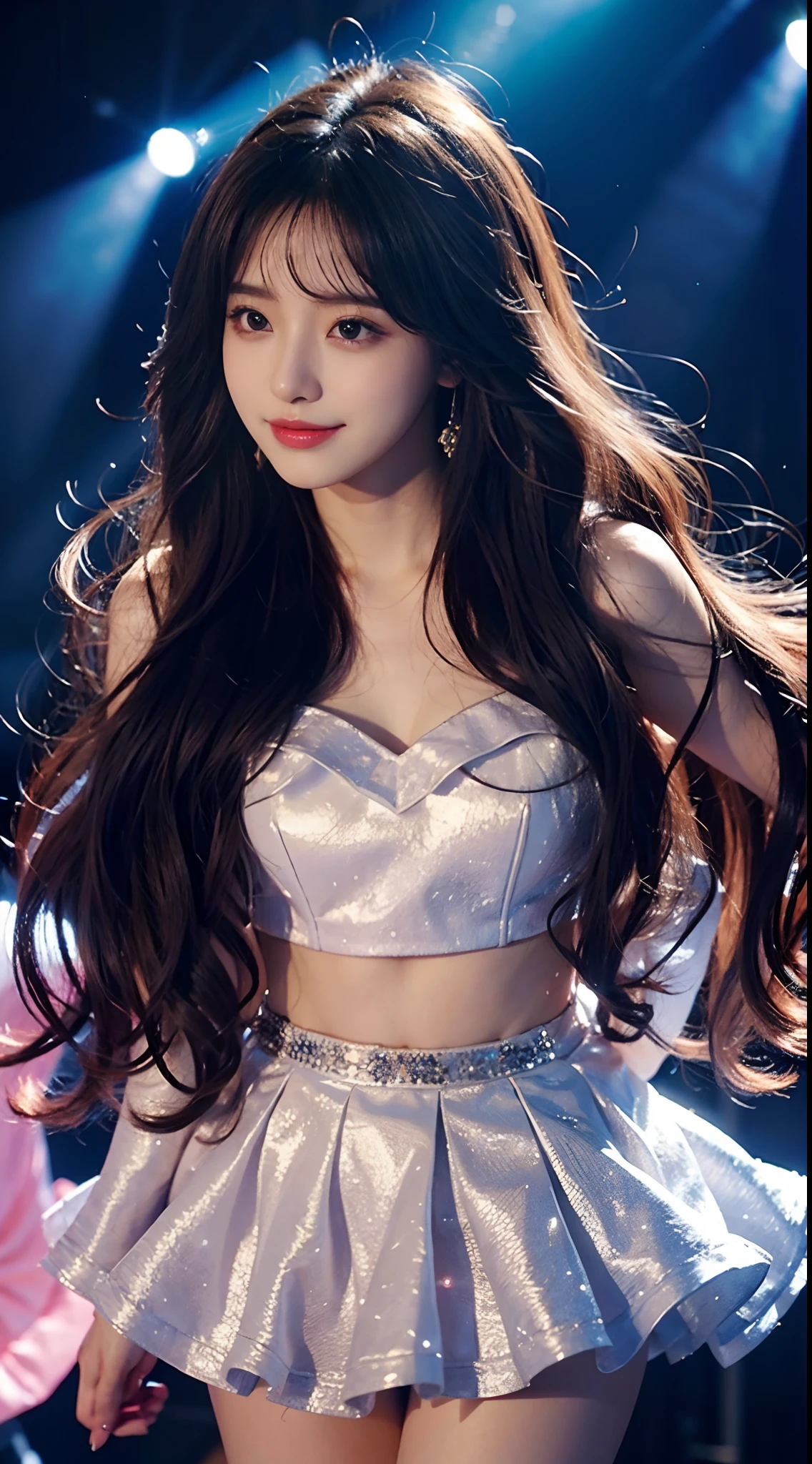 femele、K-pop idols、Longhaire、Wavy Hair、Cute costumes、Gorgeous Stage、Twinkling lights、Vivid coloring、