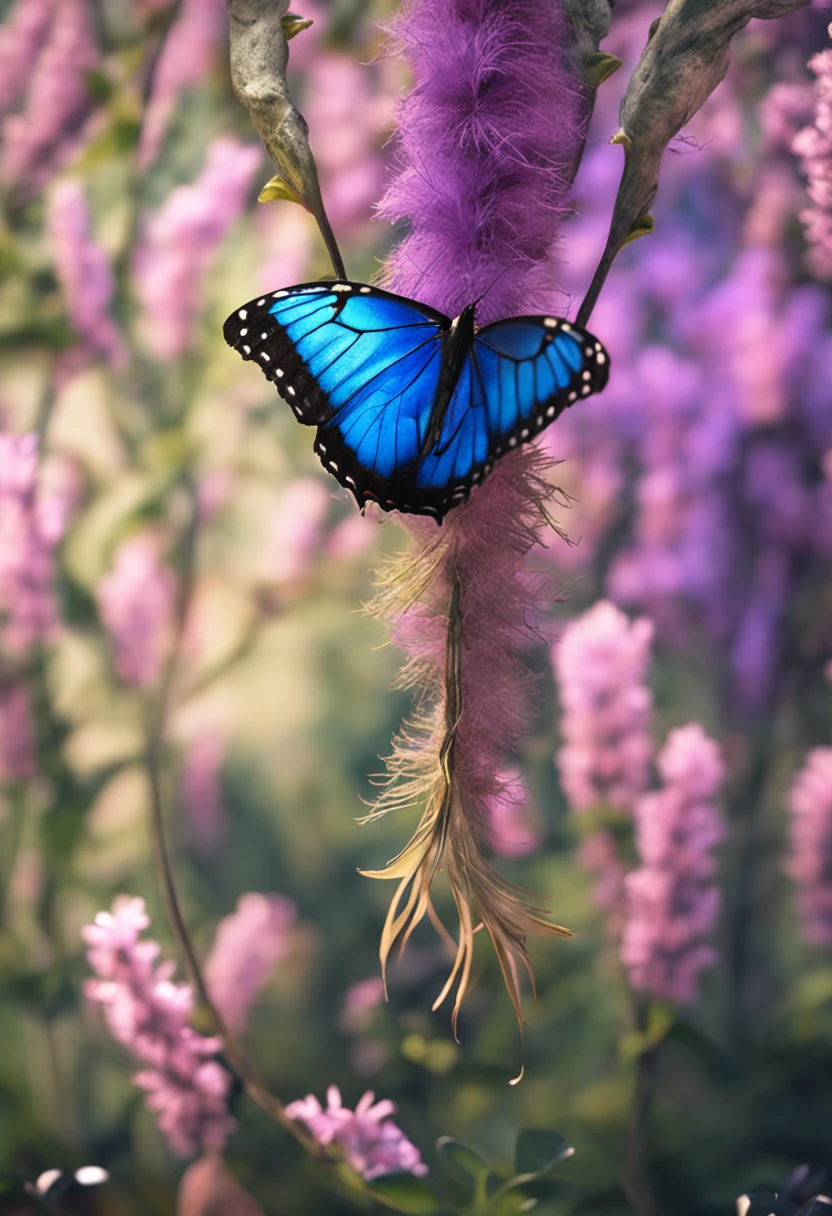 description: uma borboleta saindo de um casulo.  Characteristics: Blue and Bright Wings Scenery:  on a branch of a plant Action: Coming out of the cocoon Quality: Foto ultra realista, qualidade 8k, fullhd