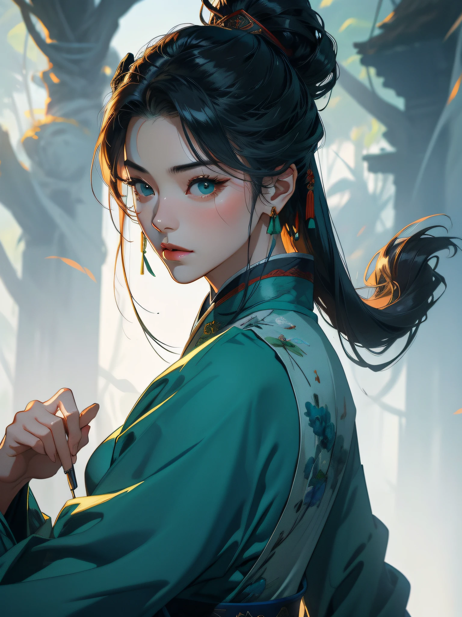 The female head of the Canglin faction,Green dominant color picture,Sect Master,Background mountain jungle,Beautiful face,Upper body portrait,Detail portrayal,wuxia-style clothing,Best picture quality,