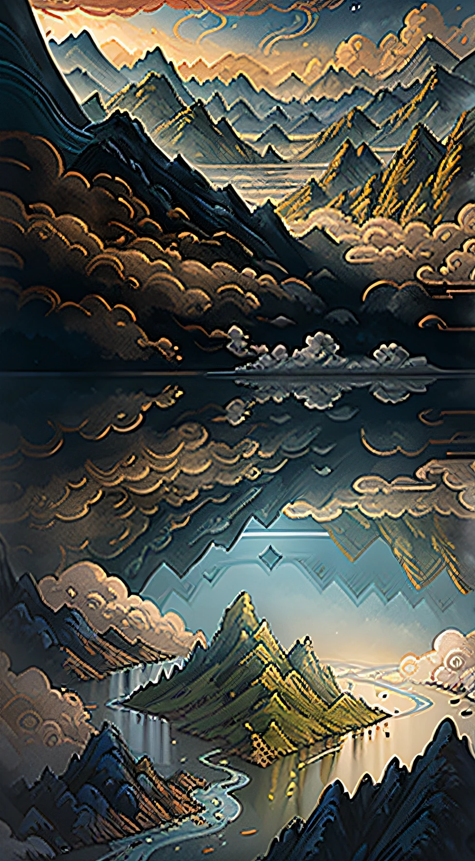 Ancient Chinese landscape, mountains, rivers, auspicious clouds, sunlight, masterpiece, super detail, epic composition, ultra high definition, high quality, extremely detailed, official art, uniform 8k wallpaper, super detail, 32k -- v 6